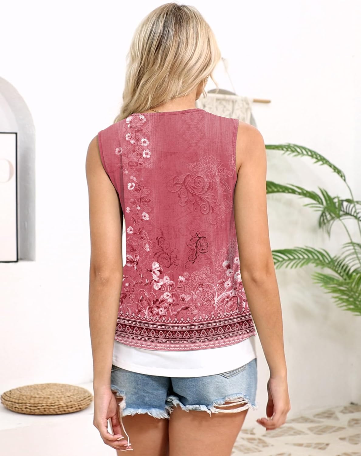 Womens Summer Tops Casual Scoop Neck Button Pleated Sleeveless Shirts Loose Fit Trendy Blouses - Image 7