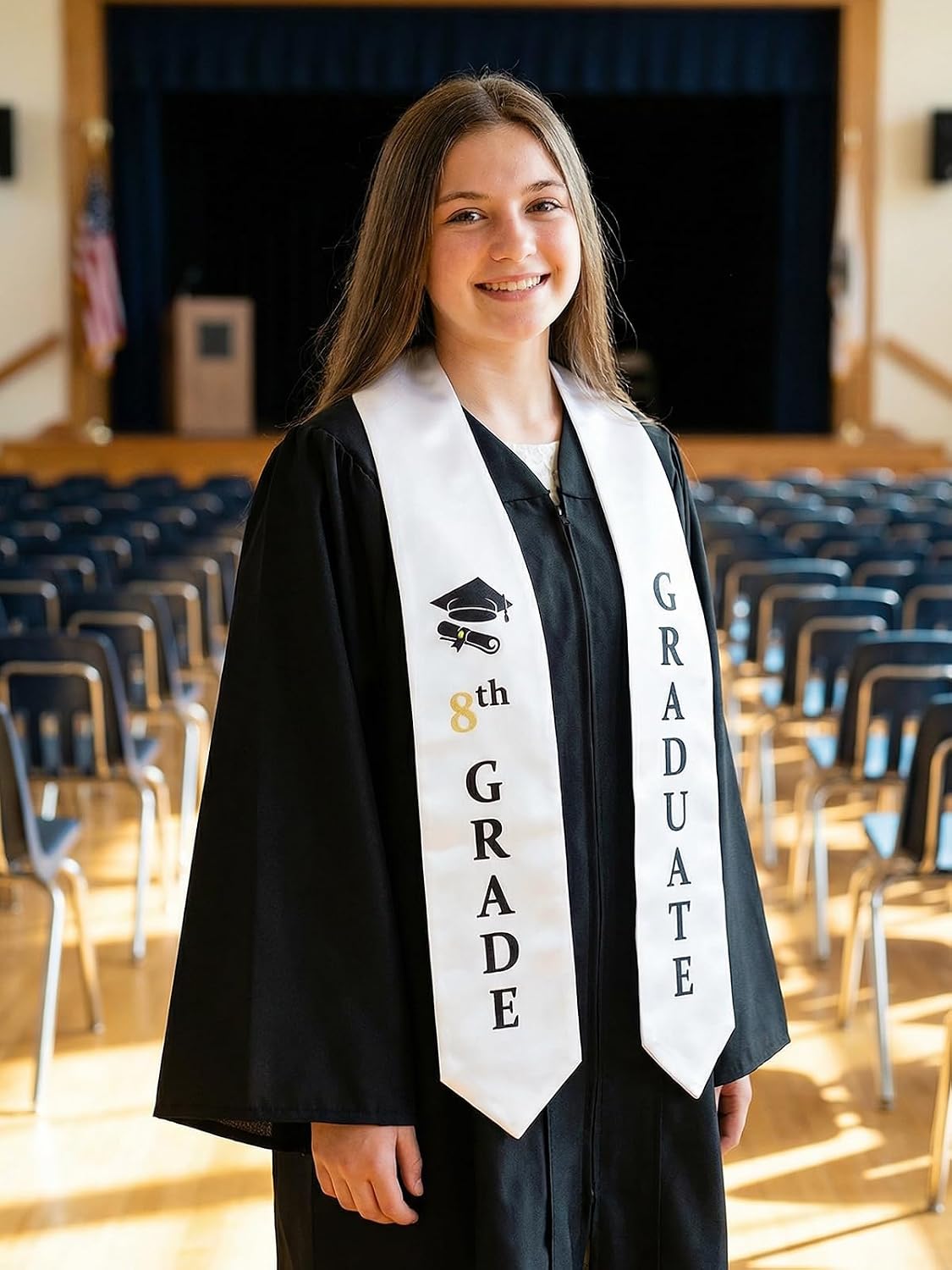 GraduatePro 8th Grade Graduation Stole - 60 Inch Sash for Middle School Graduation Ceremony in Black, White & Gold