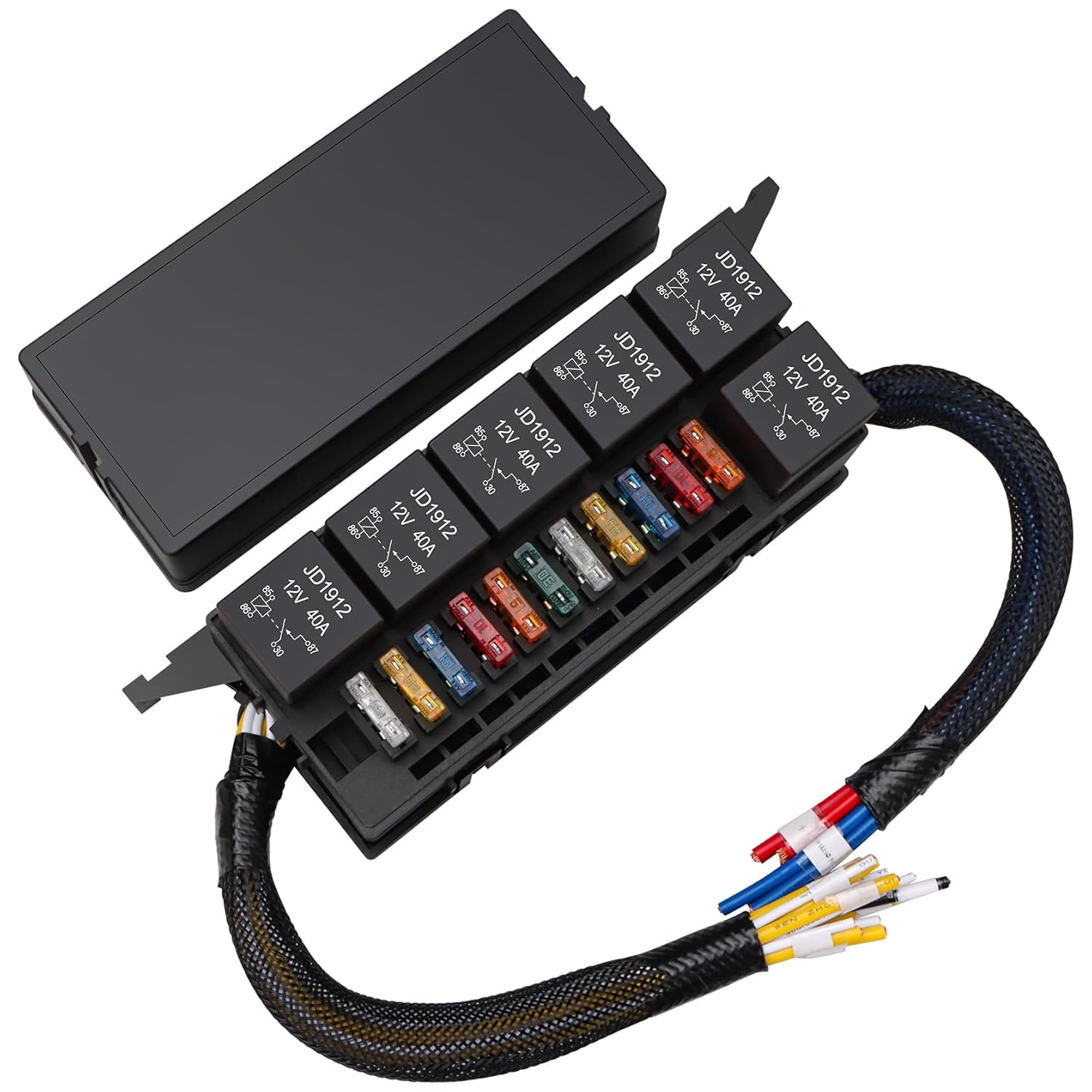 12V Pre-Wired Fuse Relay Box, with 6 Relays and 11 Way ATC/ATO Blade Fuses, 4-Pin 40A Relay Fuse Block and Relay Kit, for Cars Truck Marine Boat Jeep (1)