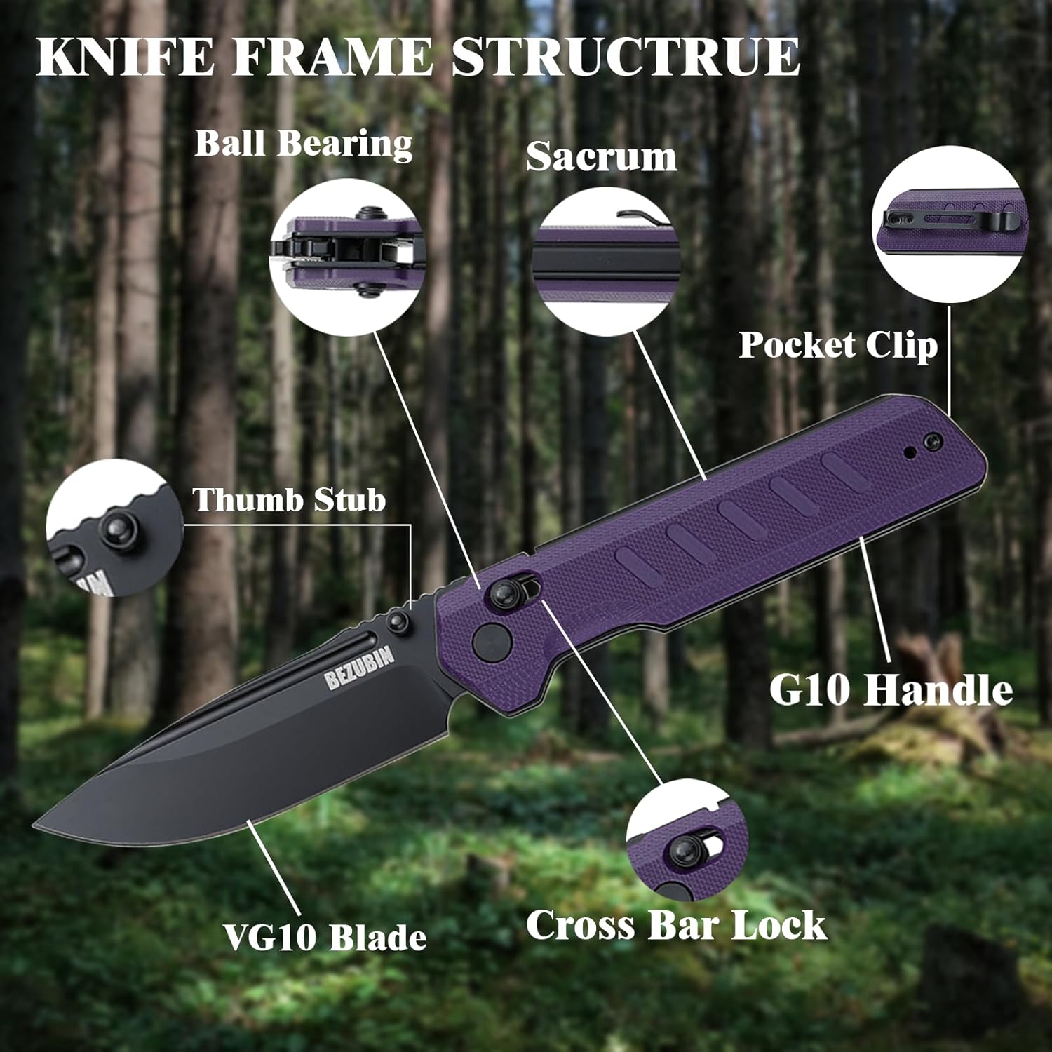 UBIN Folding Pocket Knife 3.25" VG10 Blade EDC Folding Knife with Safety Axis Lock Purple G10 Handle Hunting Camping Knife with Thumb Stud Opener