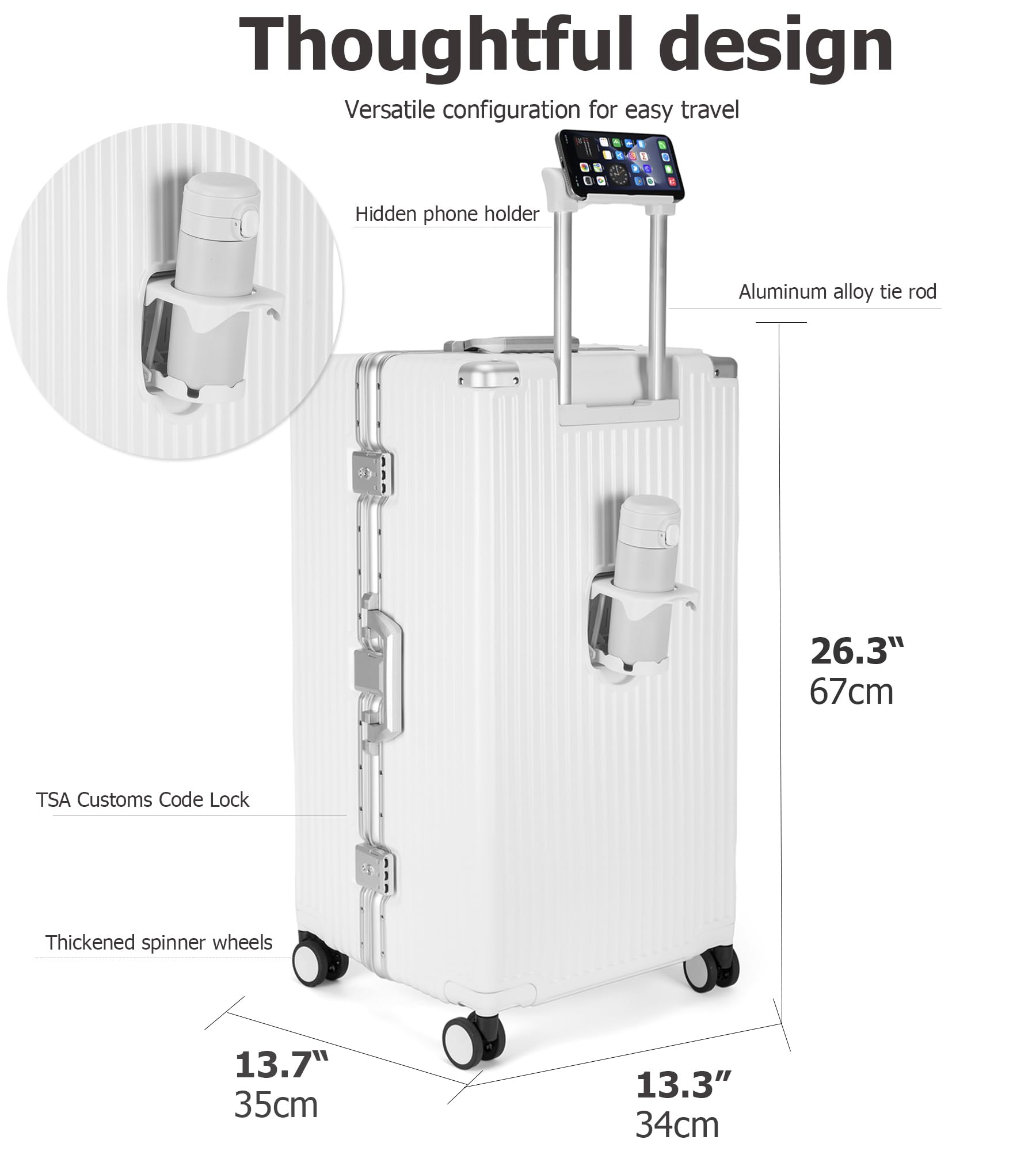 feilario 29in Super Large Captain Aluminum Frame Hardside Spinner Wheels Luggage, Removable Wheels Zipperless Checked Suitcase with Cup Holder/Phone Holder: A-Ivory White 26in
