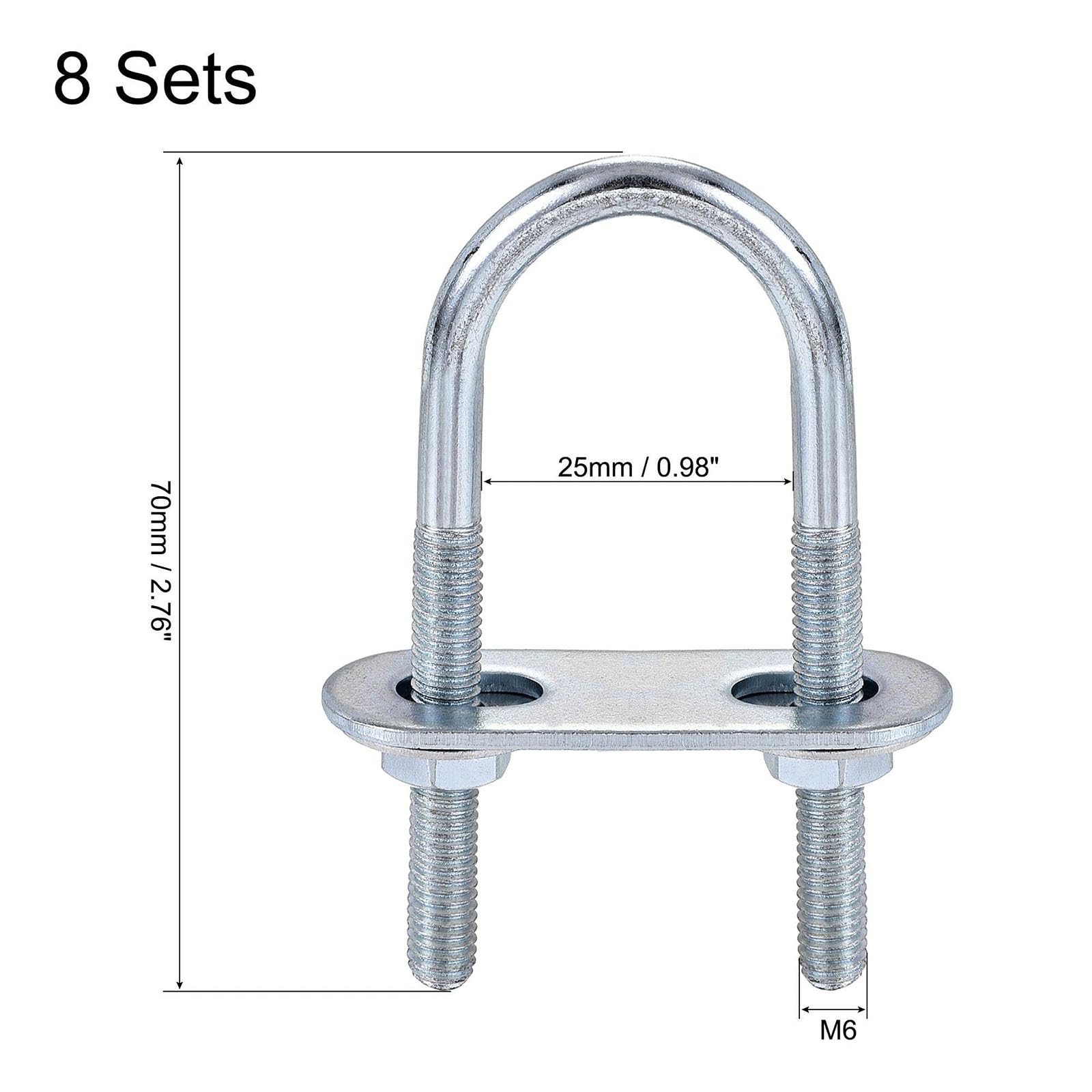 TOP-VIGOR 8 sets M6 Round U-Bolts, 25mm Inner Width 70mm Length Steel U-Bolts with Nut, Plate - Image 2