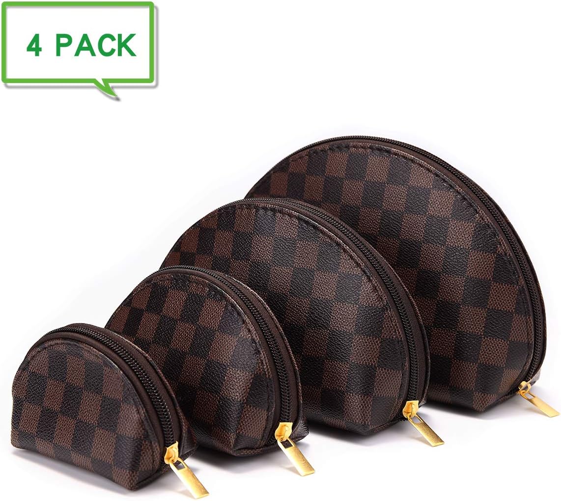 Luxury Checkered Make Up Bag Shell Shape Cosmetic Toiletry Travel Bags including 4 Size Bag (Brown)
