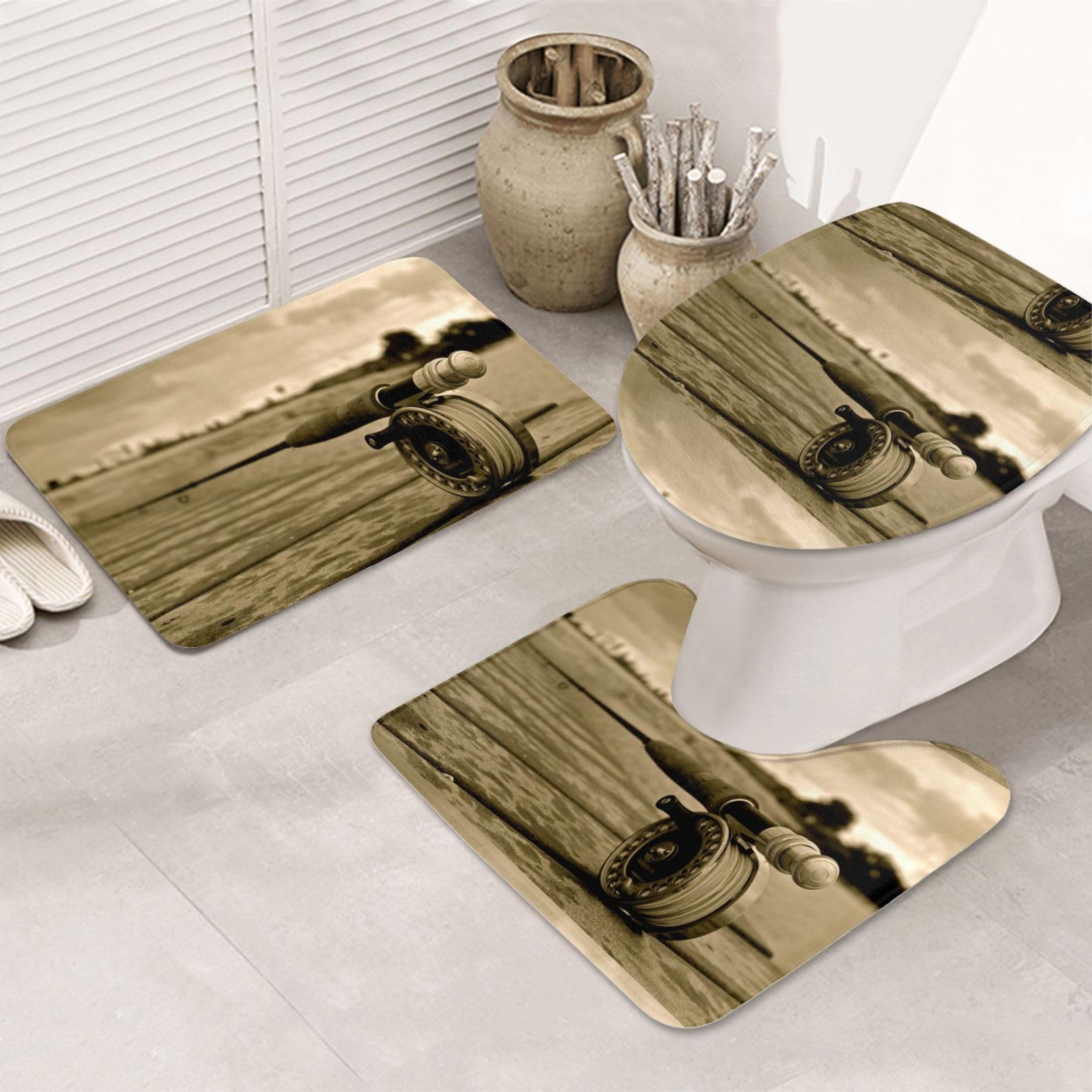 Tapis de bain absorbants et lavables avec pack de 3 pièces antidérapantes style pêche artistique