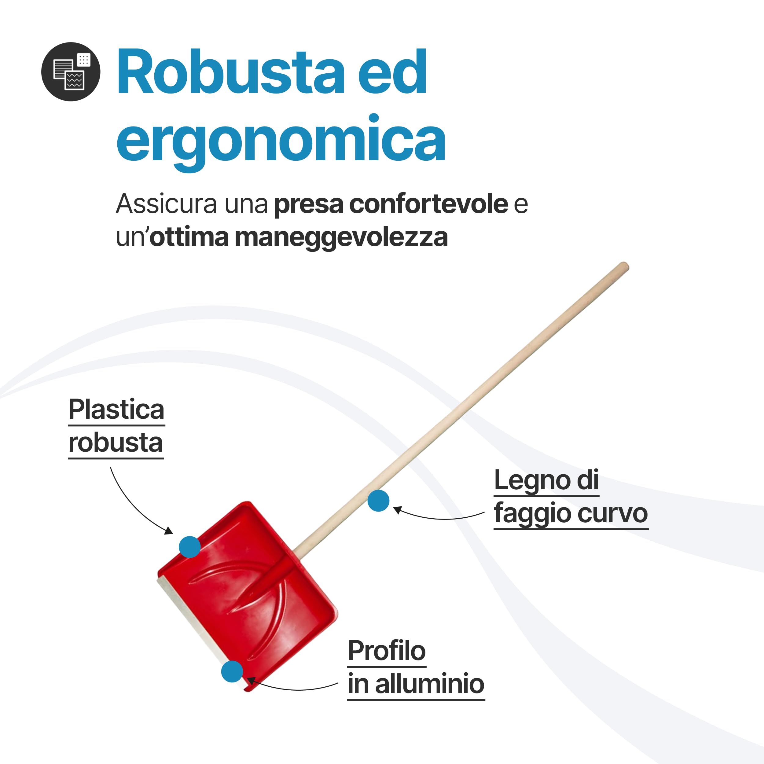 TOMAINO - Pala Da Neve Rossa Multifunzione 9x46x38 cm - Per Neve, Foglie e Altro In Plastica Con Profilo In Alluminio - Pala Singola o con Manico in Legno