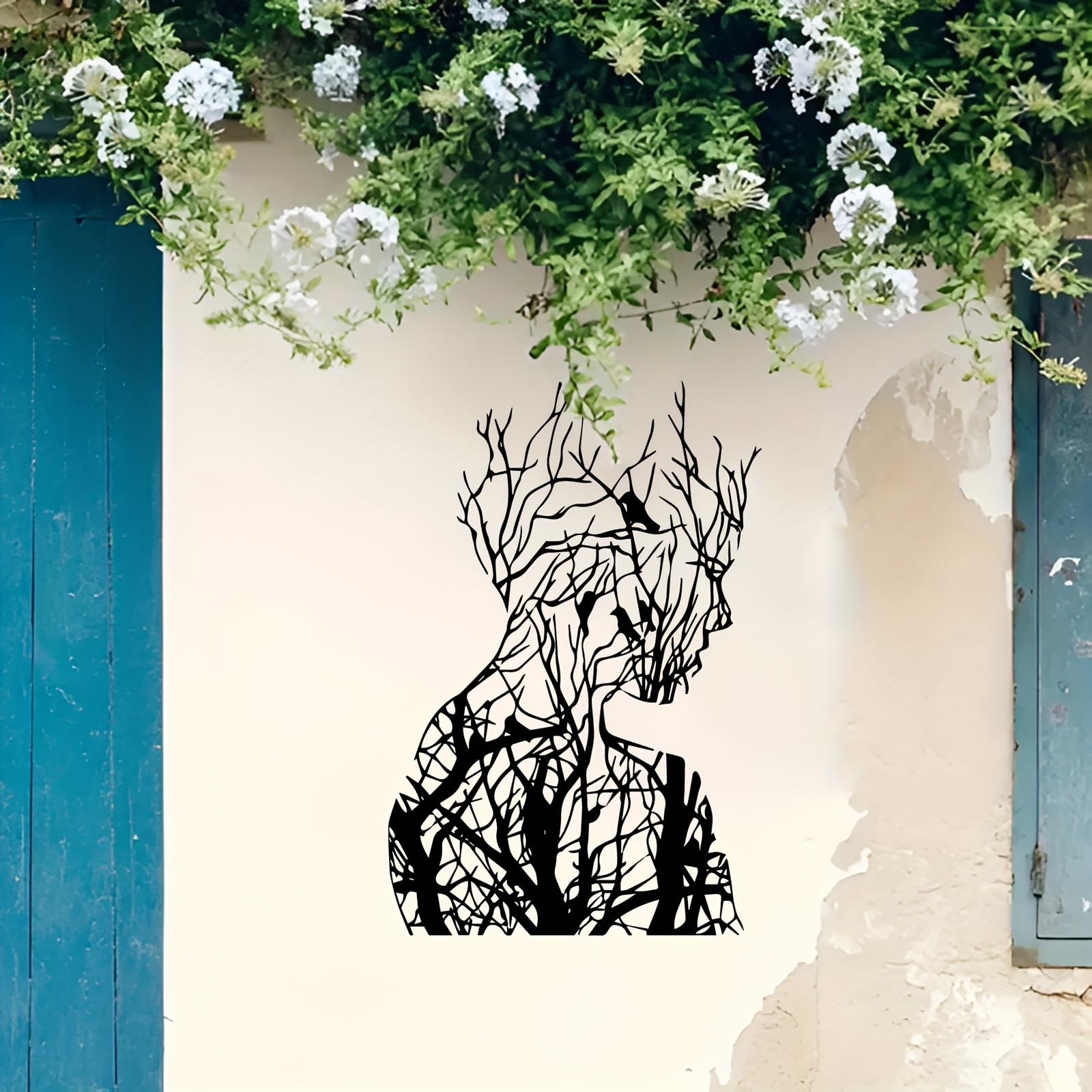 Decoración de pared abstracta contemporánea de metal con rostro humano: escultura moderna de hierro con intrincado diseño de ramas y hojas, para interiores y exteriores, ideal para jardín, patio,