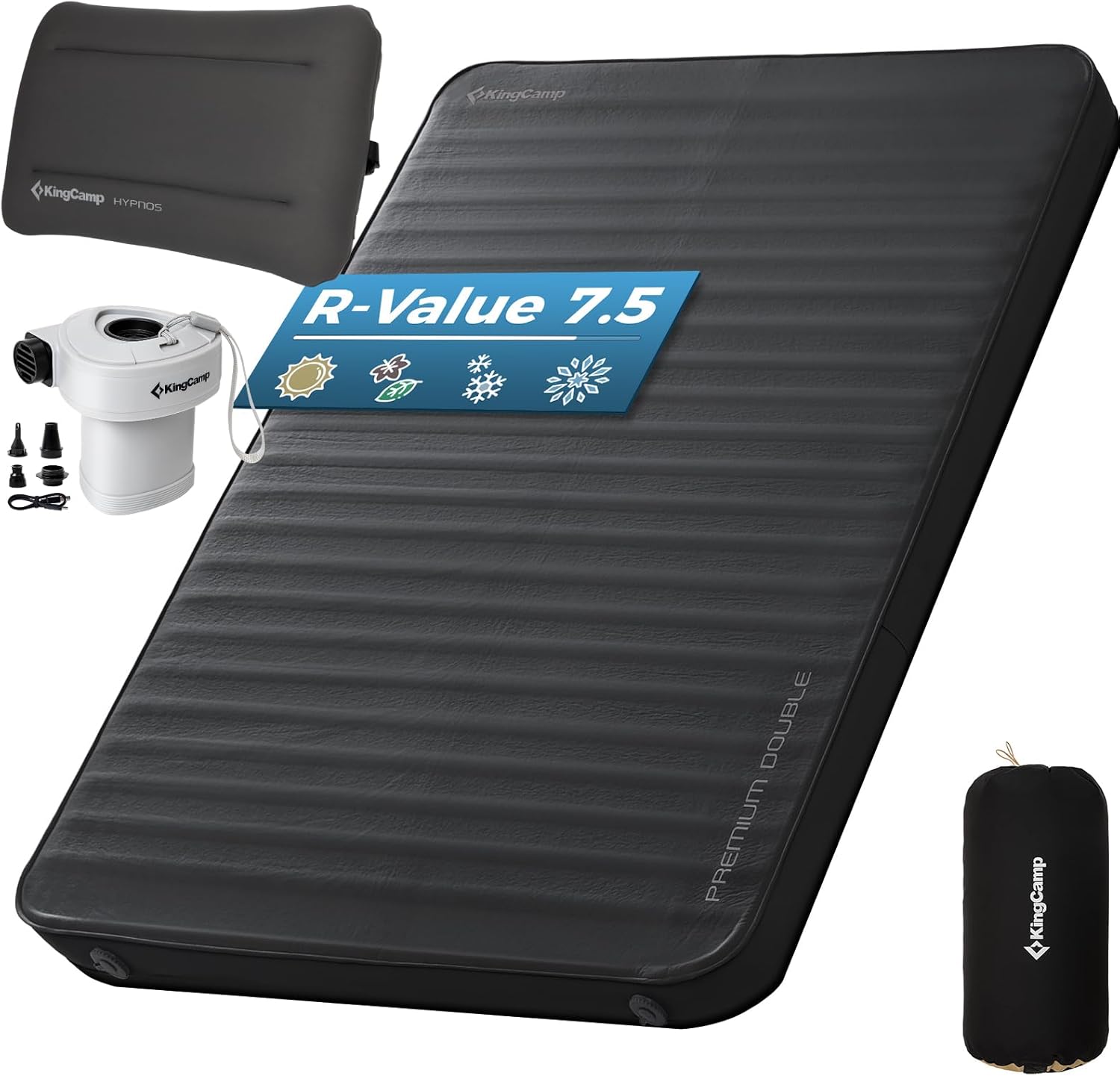 KingCamp Self Inflating Sleeping Pad for Camping, 7.5 R-Value Double Camping Mattress, Portable 4 Season Memory Foam Camping Mat with Pump & Pillow, Comfort Travel Car Tent Cot, Black