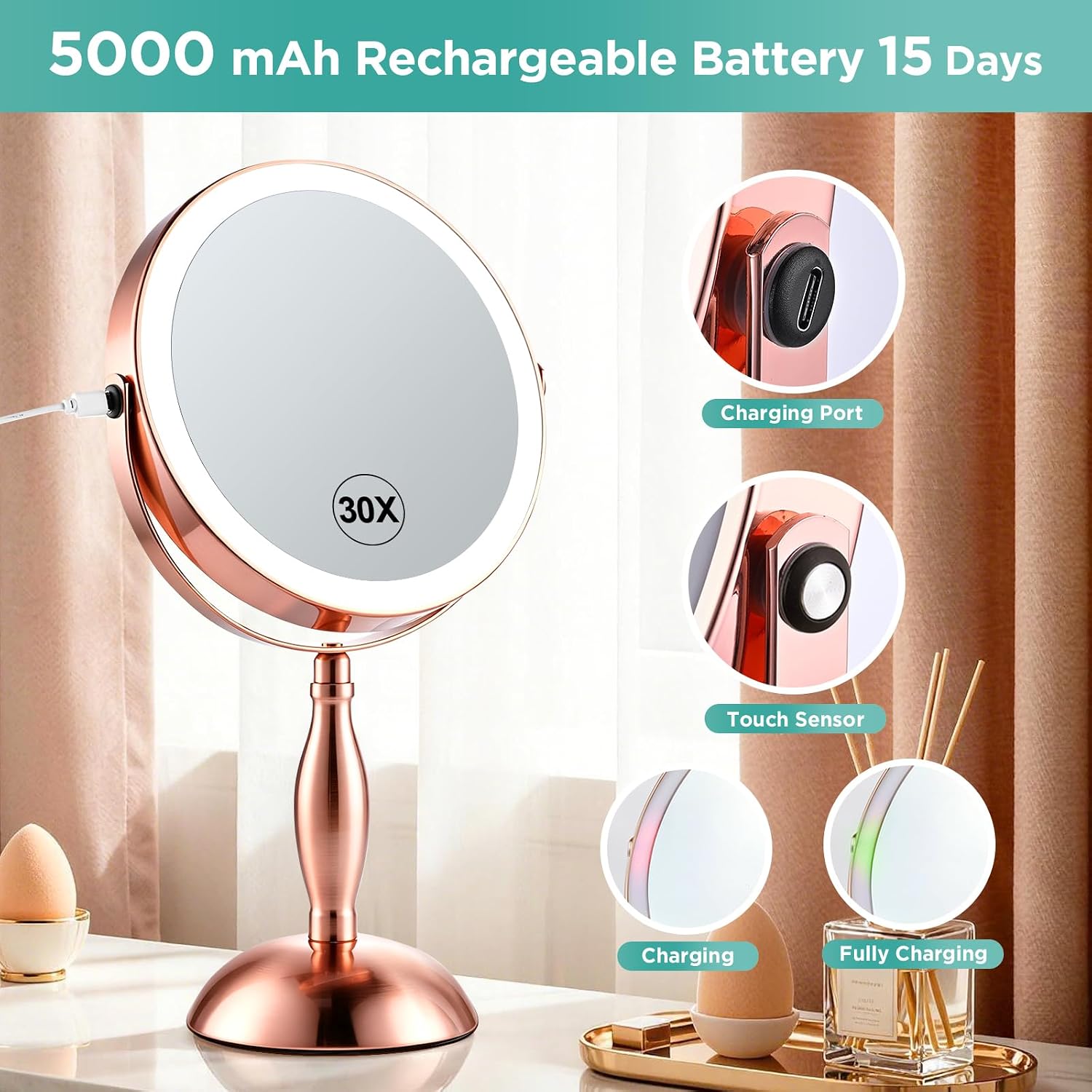 30X Makeup Mirror with Lights and Magnification, 8" Double Sided Magnifying Mirror, 360° Rotation, 5000mAh Rechargeable (Side Touch+Side Port), 3 Color Modes, Dimmable Light, for Vanity