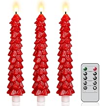 Christmas Tree Candles Battery Operated, Red Christmas Flameless Taper Candles with Remote Timer, Set of 3 Waxy 9.8 Inch LED Tree Candlesticks for Xmas Home Holiday Window Winter Decor