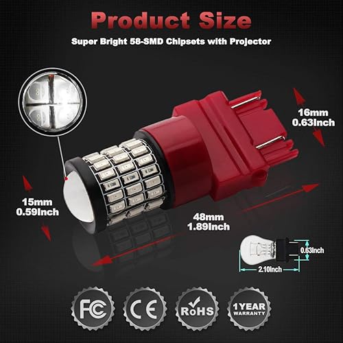Miniatura 40 de Yorkim Bombilla LED ultra brillante 7440 roja T20 7441 7443 7444 W21W para luz de marcha atrás de respaldo, luz de ruptura, luz trasera, luz de Rojo