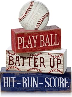 Yuntau 4 Pcs Baseball Table Decoration Wooden Sport Stacked Blocks Sign | Baseball Blocks sign Centerpieces for Tables Tiered Tray Decor Shelf Display Accents, Boys Bedroom Decoration, Baseball Fan