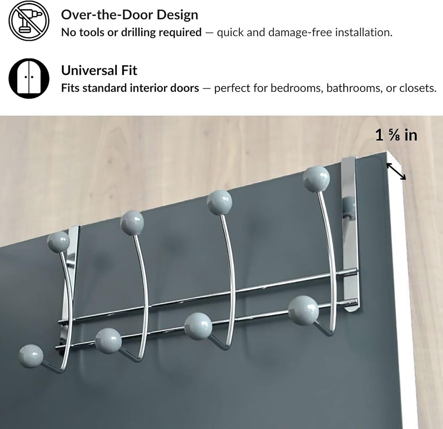 EVIDECO French Home Goods Over-The-Door 8-Hook Rack Color:Gray