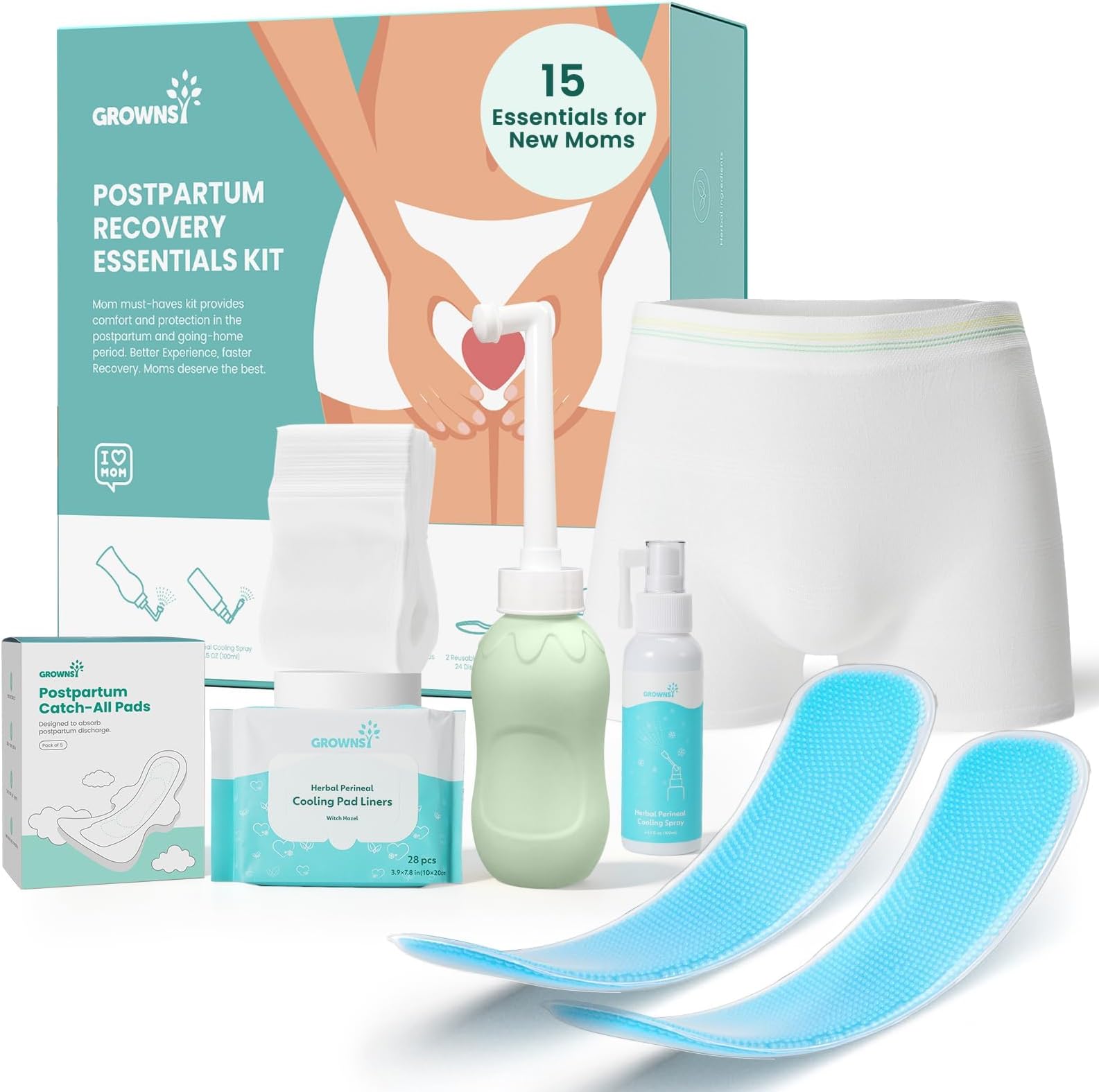GROWNSY 15pc Postpartum Essentials Recovery Kit for Women, Green | Includes 5 Postpartum Pads, 5 Disposable Underwear, 2 Ice Packs, Peri Bottle, Perineal Spray & 28 Cooling Pad Liners