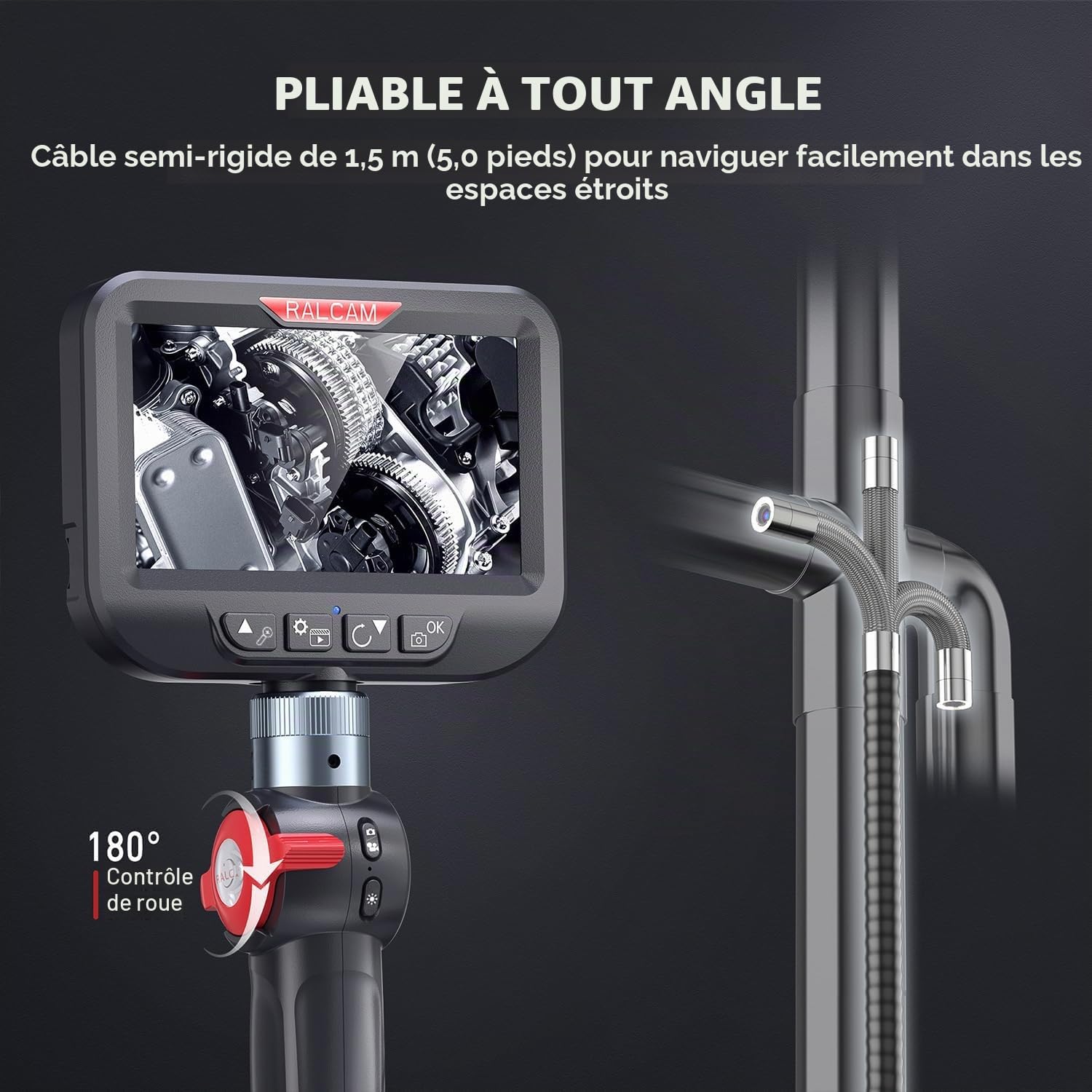 Ralcam Endoskopkamera mit Licht Endoscope Camera - Endoskop 8,5 mm Inspektionskamera 4,3" HD 1080P Rohrkamera, Kameras mit 10 LED, IP67 Wasserdicht 1.5M Halbstarre Kabel Teleskopkamera Kfz Werkzeug