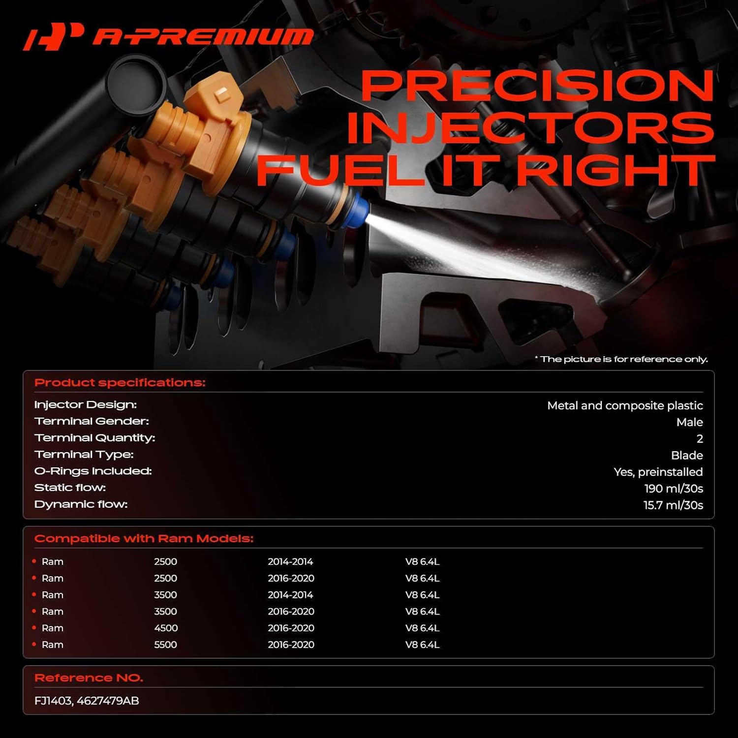 A-Premium Fuel Injectors Set of 8 Compatible with Ram 2500 2014 2016-2020, 3500 2014 2016-2020, 4500 2016-2020, 5500 2016-2020, 6.4L