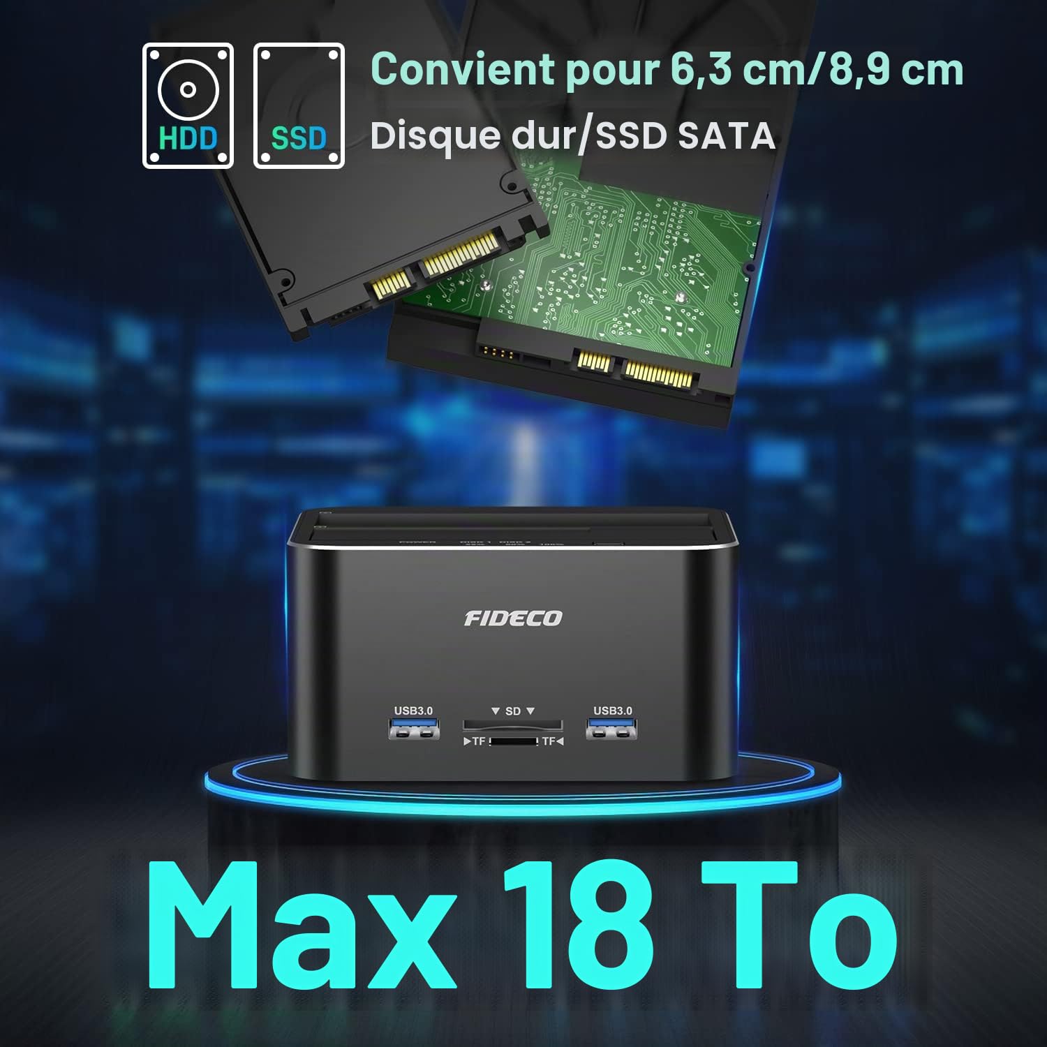 FIDECO Station d'accueil pour Disque Dur, USB 3.0 Aluminium Stations d'accueil pour Disque Dur 2,5"/3,5" SATA HDD SSD, Lecteur de Carte TF et SD, Prise en Charge du Clone Hors Ligne