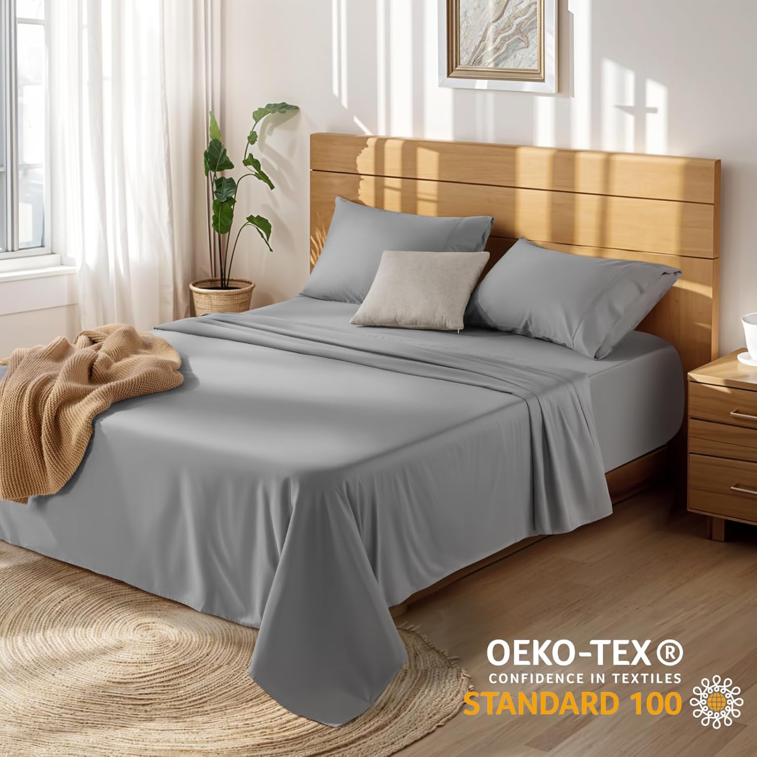 LBRO2M 100% Cotton Sheets Set Deep Pocket Up to 18"-24", 1000 Thread Count King Size 4 Pcs Bed Sheet Sets Soft Comfortable Bedding All Season (King, Gray) - Image 6