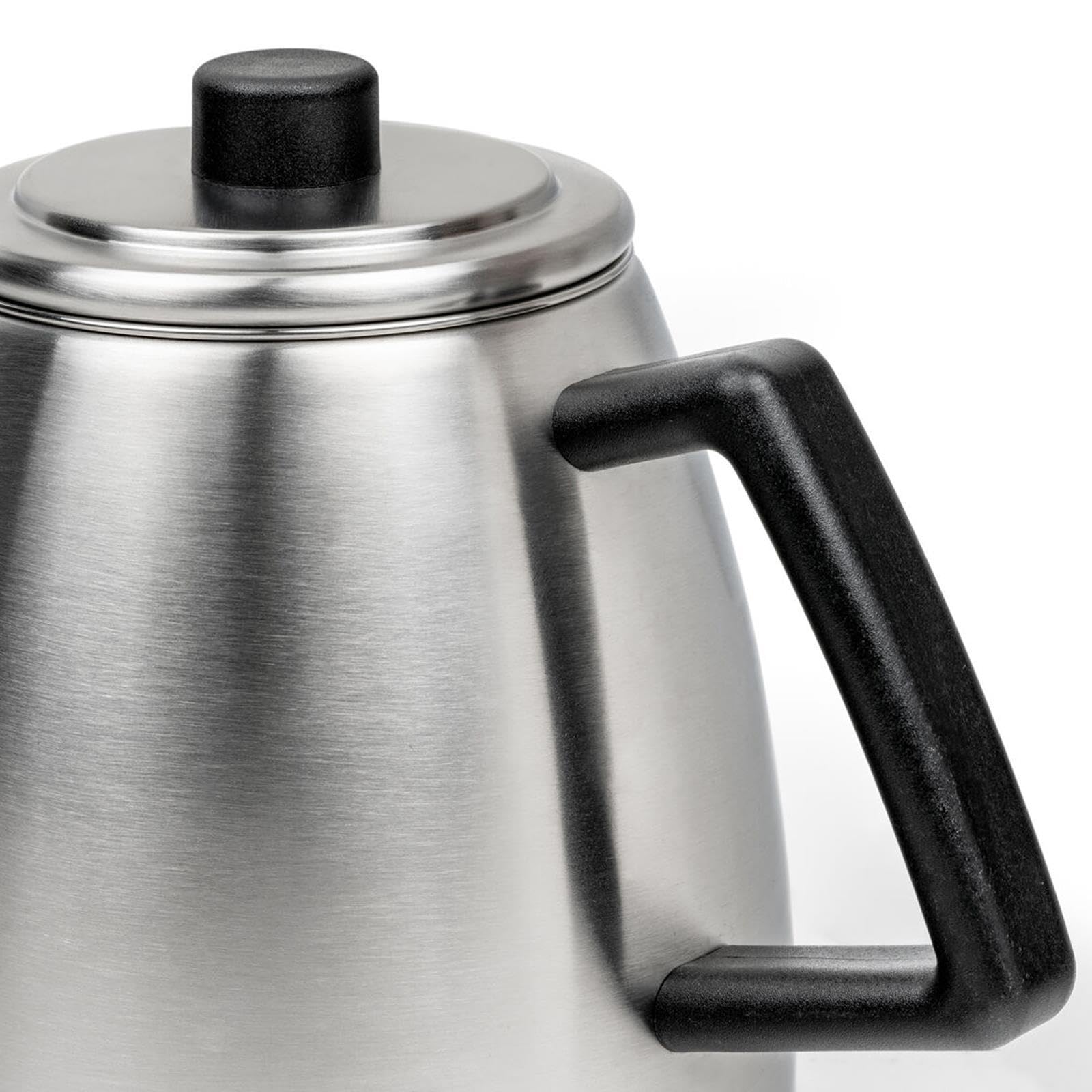 Bredemeijer Edelstahl Teekanne 1.1 Liter - kleine doppelwandige matt-silberne Edelstahlkanne mit Teefilter & schwarzem Holzuntersetzer