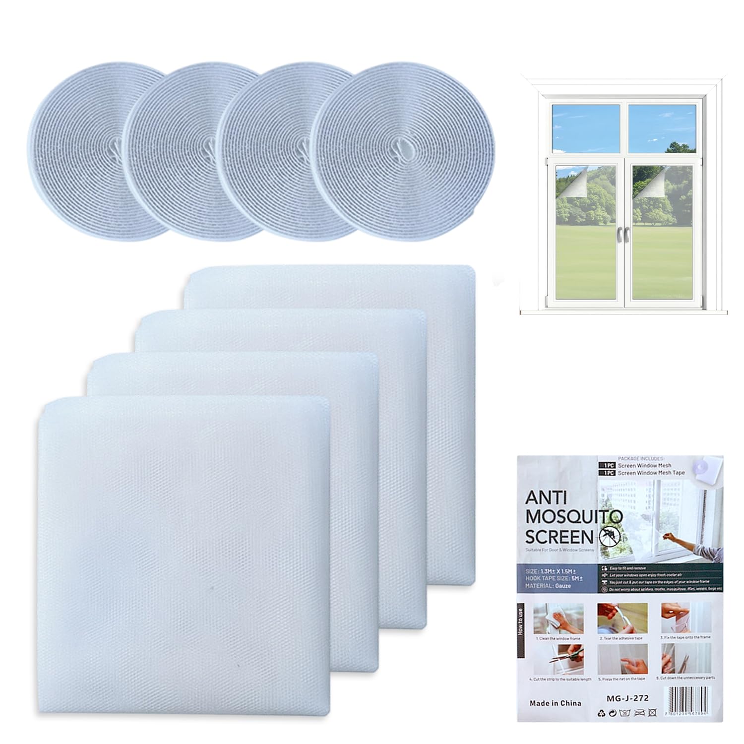 4 Pack Fly Screens for Windows, 1.3m (4.27 Ft) x 1.5m (4.92 Ft) Cut-to- Size Mosquito Net with Sticky Tape, Strong Self-Adhesive Nets for Windows, Window Fly Screen Velcro for Flies Mosquitoes Insect