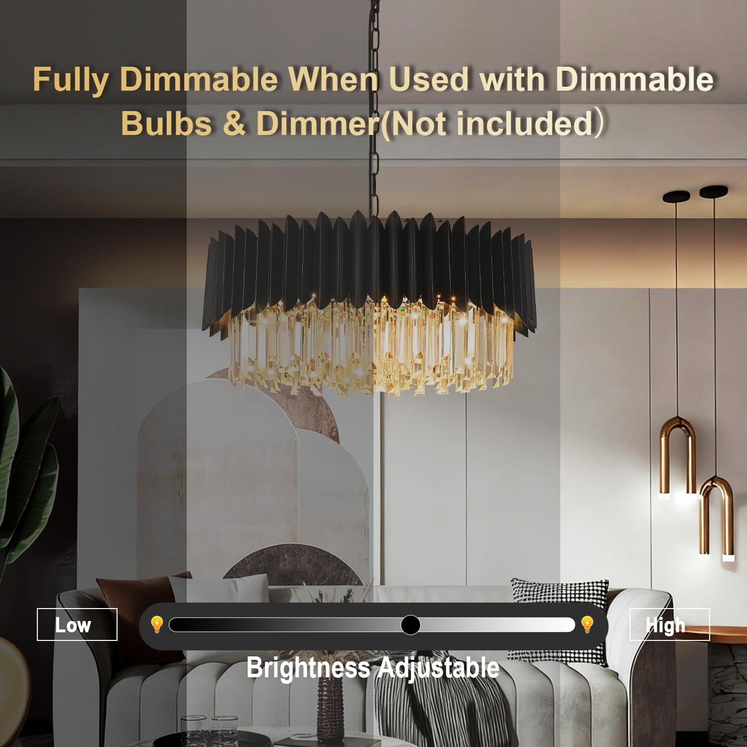 Modern Black Crystal Chandelier 20" 8-Light 4-Tier K9 Crystal Round Pendant Light Large Crystal Chandeliers for Dining Room Living Room Kitchen Island