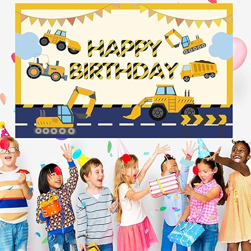 Miniatura 4 de Decoración de feliz cumpleaños con temática de construcción, excavadora, camión, camión volquete, grúa, telón de fondo de fotografía para niños,