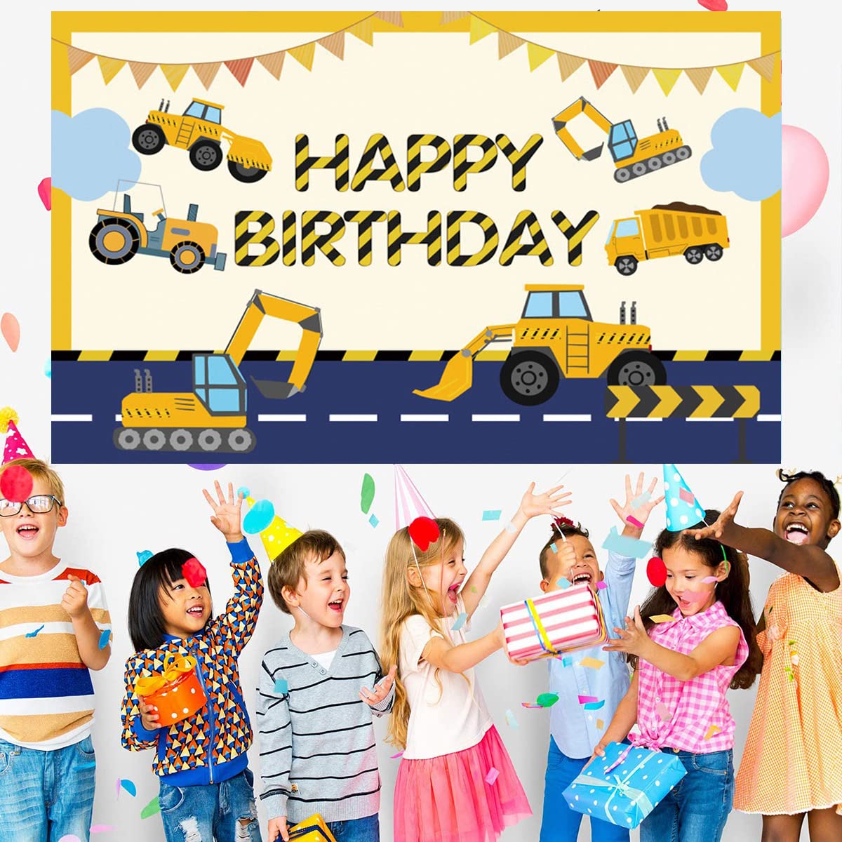 Construction Birthday Backdrop – 6x3.6 Ft Dump Truck & Digger Party Banner For Photos, Cakes, Decor - View #3