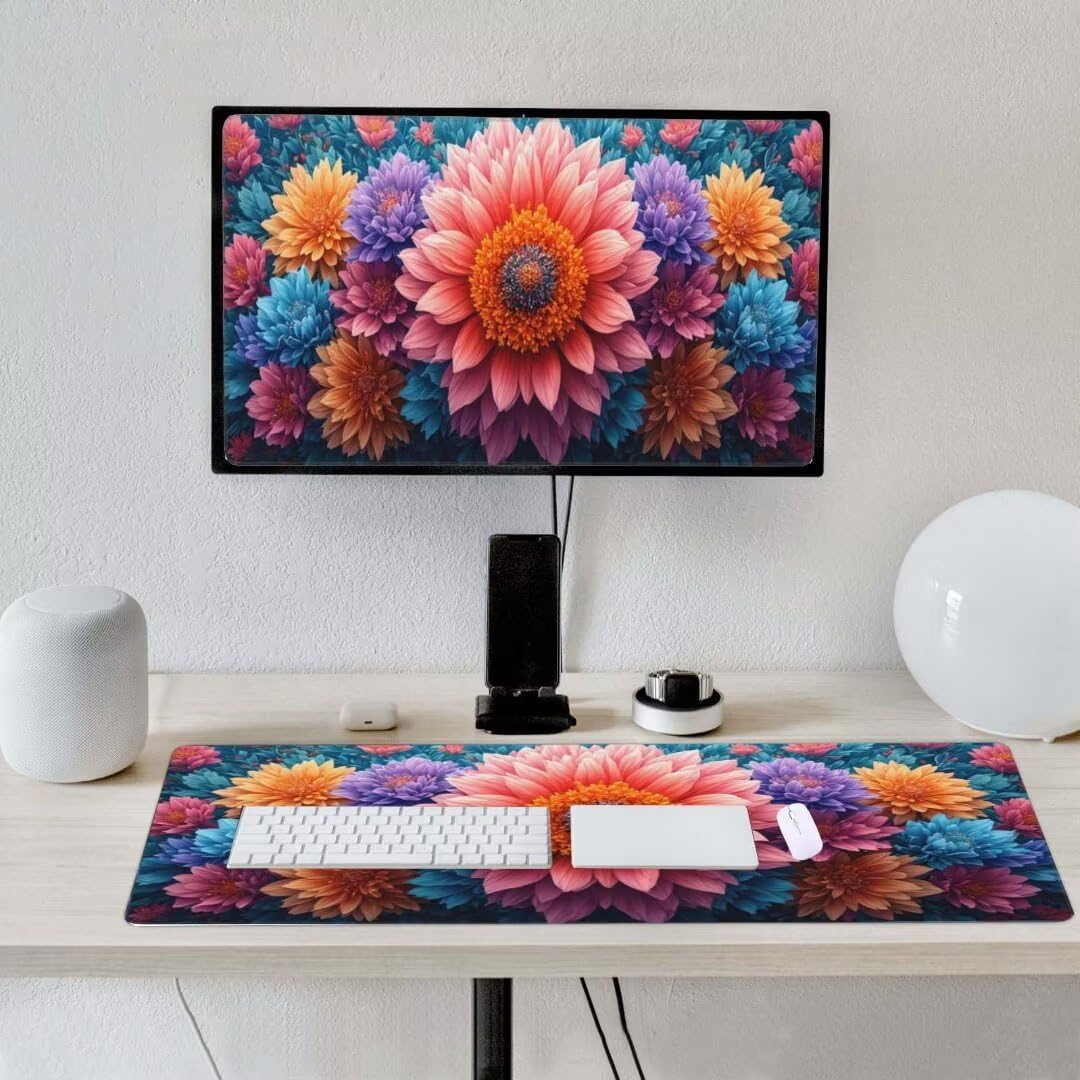 Alfombrilla de ratón 1400x600x3 MM, Alfombrilla Ratón XXL Extendida de Gran Tamaño con Bordes Cosidos, Resiste Salpicaduras, Base de Goma Antideslizante y Almohadilla para Teclado, Daisy S-2483