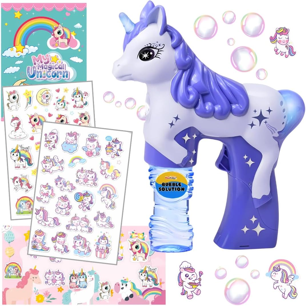 Unicorn Bubble Gun Gift Set – Purple Bubble Maker Toy & Sticker Book with Reusable Stickers | Easter Basket Stuffer & Fun Birthday Surprises Gifts for Girls, Toddlers & Kids