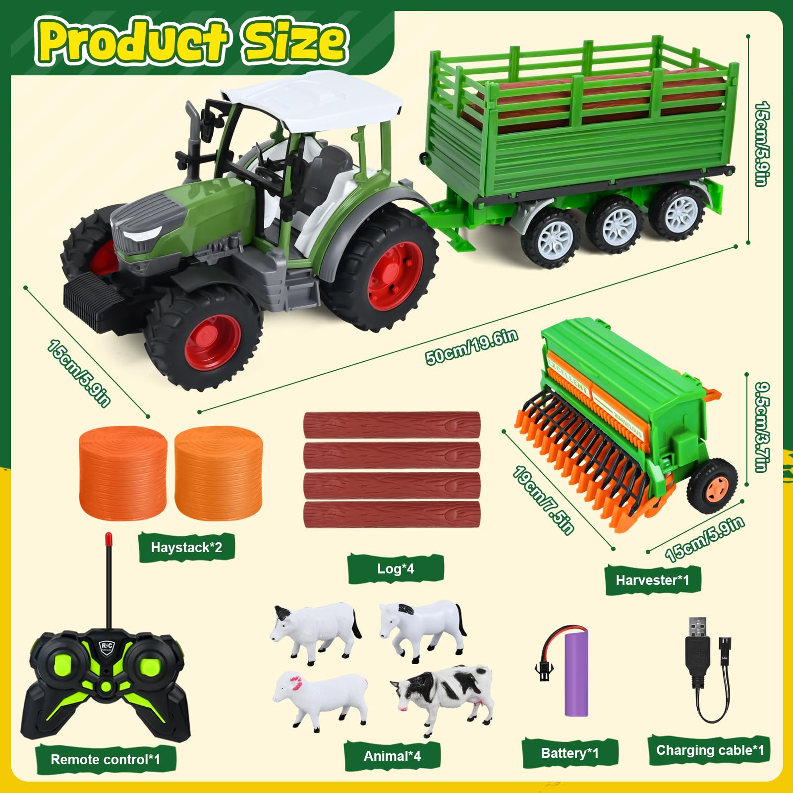 PATEMZON RC Trattore Telecomandato per Bambini, Trattore Agricolo con Aratro e Luce, Set di Trattore Radiocomandato con Rimorchio Giocattolo, Mucca, Pecora, Troncs d'Arbre e Balle, Verde