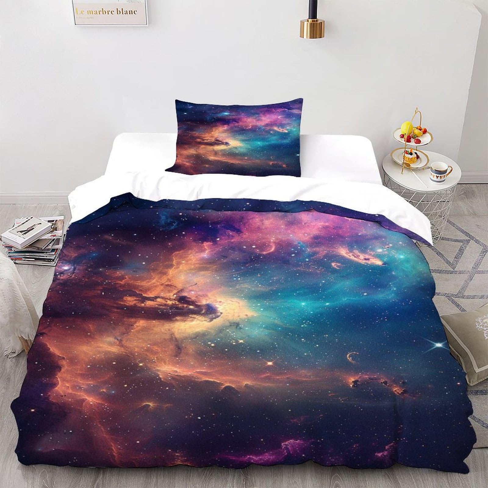 Housse de couette microfibre sans repassage 135x200cm ensemble de lit single zippé motif galaxie