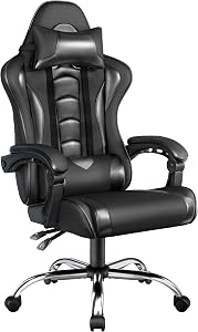Yaheetech Sedia Gaming Ergonomica Massaggiante Reclinabile con Poggiatesta e Supporto Lombare Braccioli Imbottiti in Finta Pelle, Poltrona Gamer da Scrivania con Ruote Girevole Nero