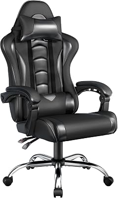 Yaheetech Sedia Gaming Ergonomica Massaggiante Reclinabile con Poggiatesta e Supporto Lombare Braccioli Imbottiti in Finta Pelle, Poltrona Gamer da Scrivania con Ruote Girevole Nero