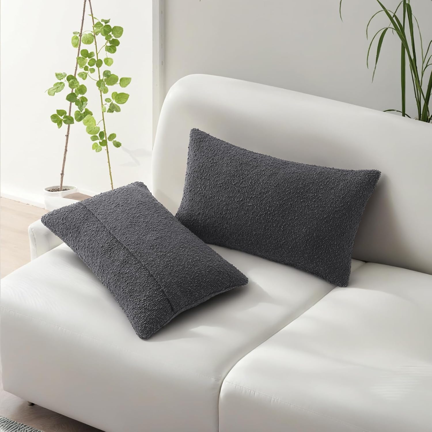 HAUSSY Set of 2 12x20 Decorative Throw Pillow Covers, Soft Cozy Textured Boucle Lumbar Pillow Cases, Home Decor for Couch Bed Living Room, Dark Grey - Image 6