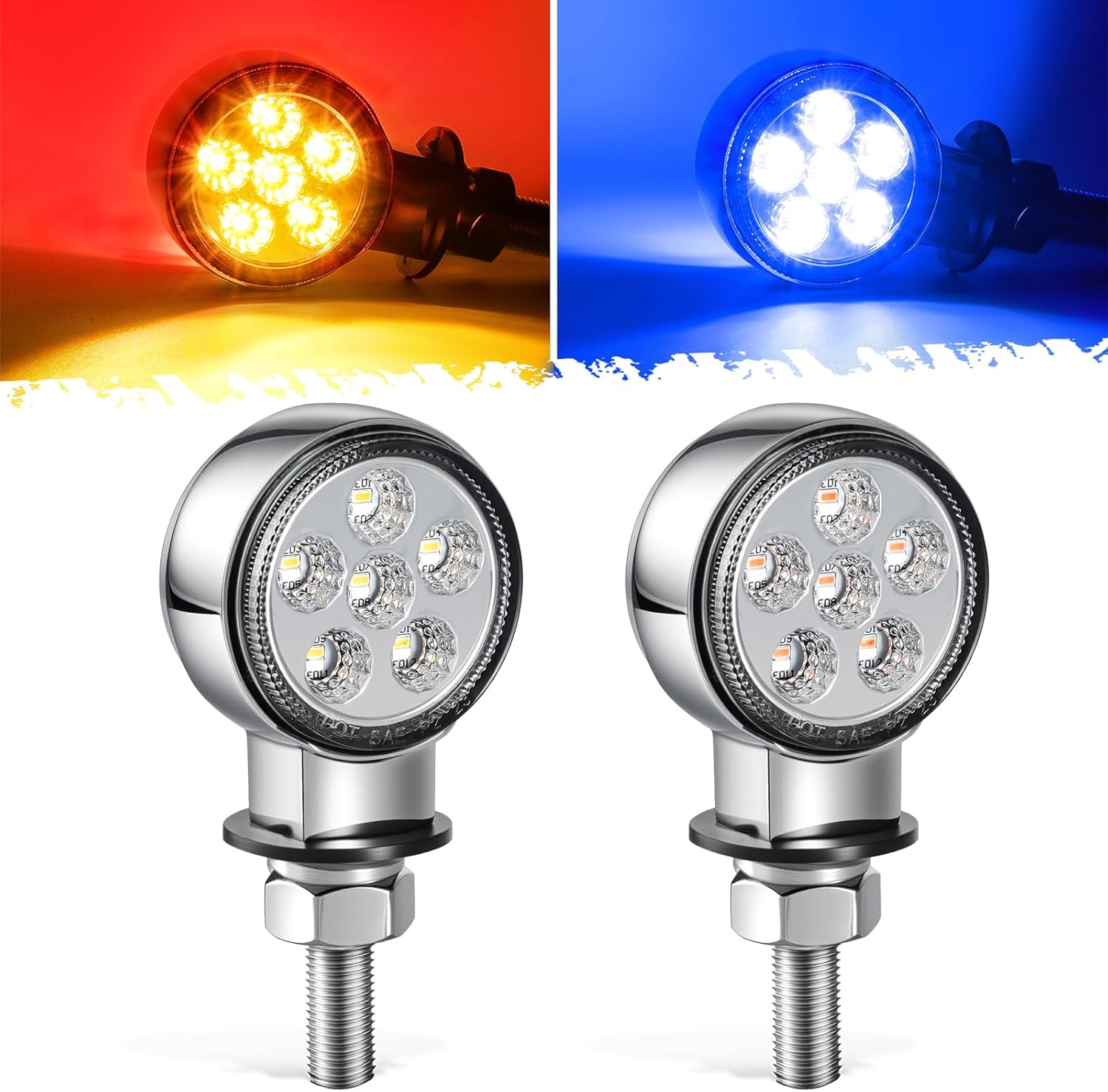 Partsam 2Pcs 1.8" Mini Round Double Face 10LEDs Marker Turn Signal Pedestal Light, Amber/Red To Blue Auxiliary Lights, T-Mount, Clear Lens, Aluminum Alloy Housing