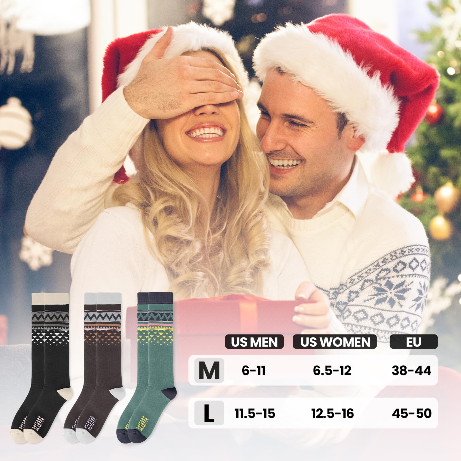 OutdoorMaster Chaussettes de ski, Lot de 2 Paires de Chaussettes de Ski et de Snowboard Pour Homme et Femme avec Design OTC avec Manchette Antidérapante