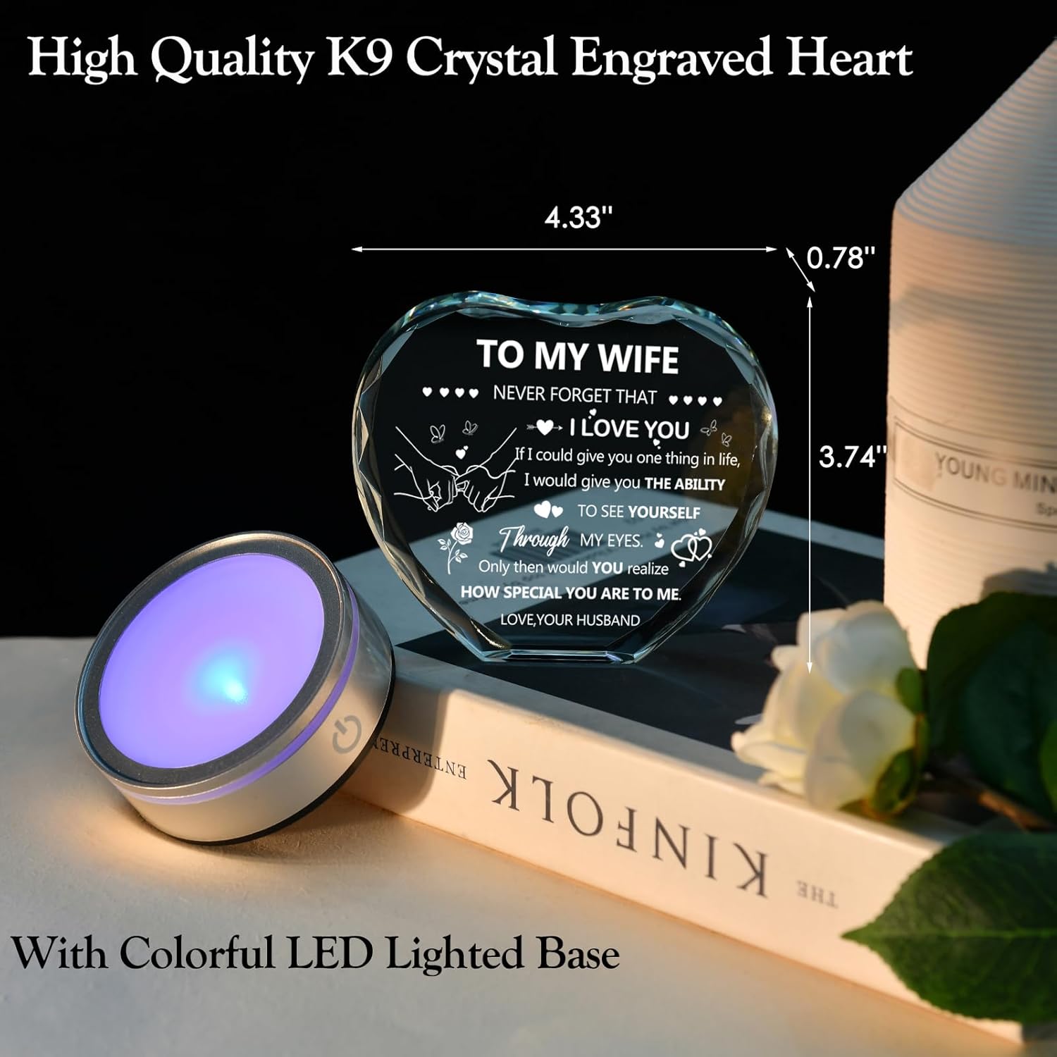 IFOLAINA Gifts for Wife I Love You Gifts for Her from Husband Romantic Wife Birthday Gifts to My Wife Heart Crystal Plaque with Lighted Base Wedding Anniversary Crystal Gifts - Image 4