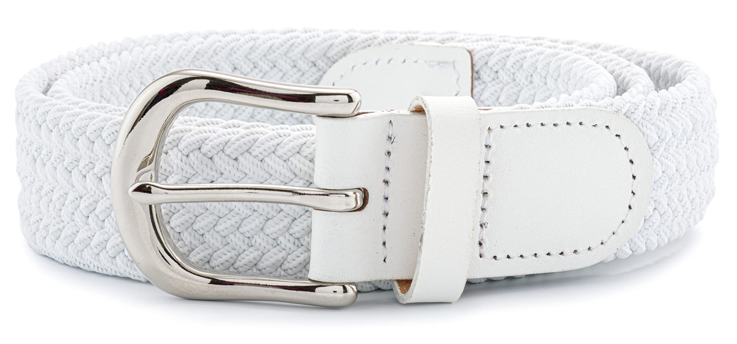 Streeze 30mm Stretch Belt - Braided Elastic Webbed Belt with Silver Metal Buckle (Medium, White)