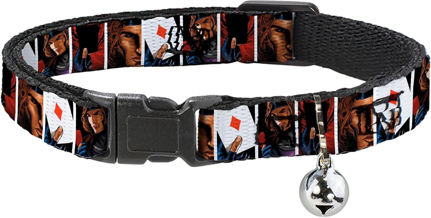 Marvel Comics Breakaway Cat Collar | X Men Gambit Cards Pose Blocks Durable Adjustable Bell ID Tag Ring