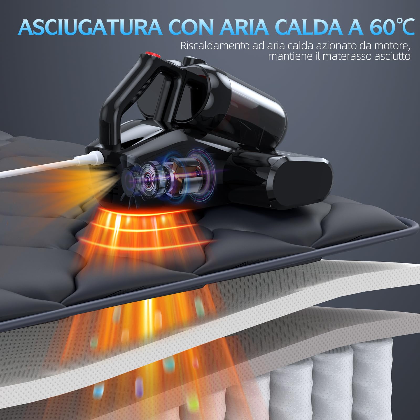 Aspirapolvere per Materassi Battimaterasso con Luce UV-C a 253,7nm 16Kpa Aspirazione Filtro HEPA Riscaldamento Funzione 40000 Rpm/Min Rotazione Aspiratore Antiacaro Rimuove Allergeni 600W con Filo