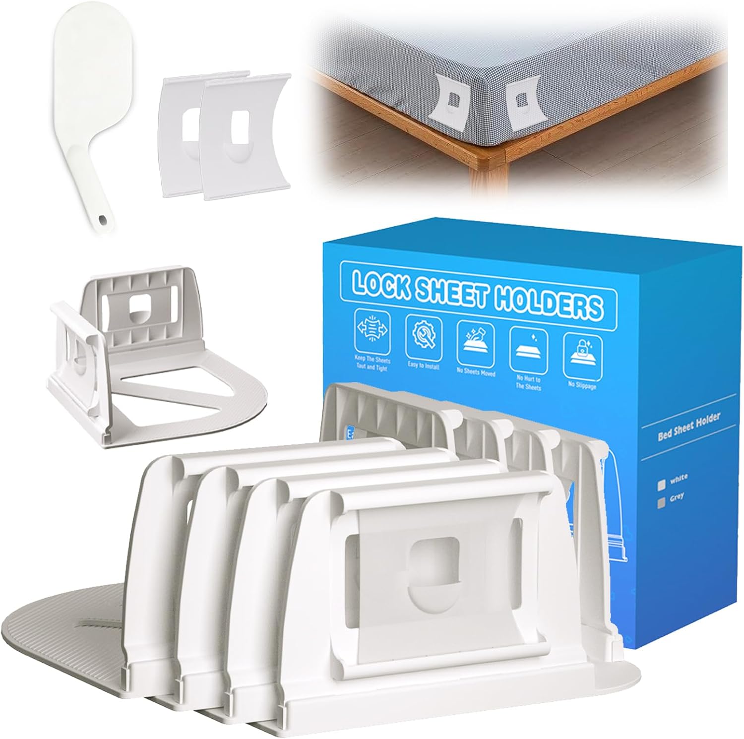 Sheet Holders: Made of high-Strength ABS Material, These Heavy-Duty, Rigid Sheet Clips Feature a Safety Latch to Keep Sheets taut and Smooth—Suitable for All Mattress Sizes (4-Pack)