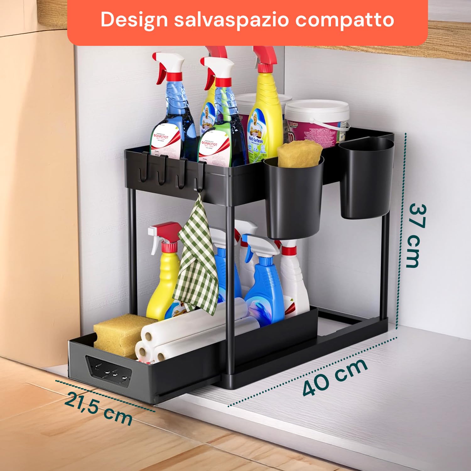Avilia - Organizer Sottolavello Cucina a 2 Ripiani con Cestelli e Ganci per Ottimizzare Spazio in Bagno e Cucina, Facile da Montare, Ideale per Detergenti e Accessori di Uso Quotidiano