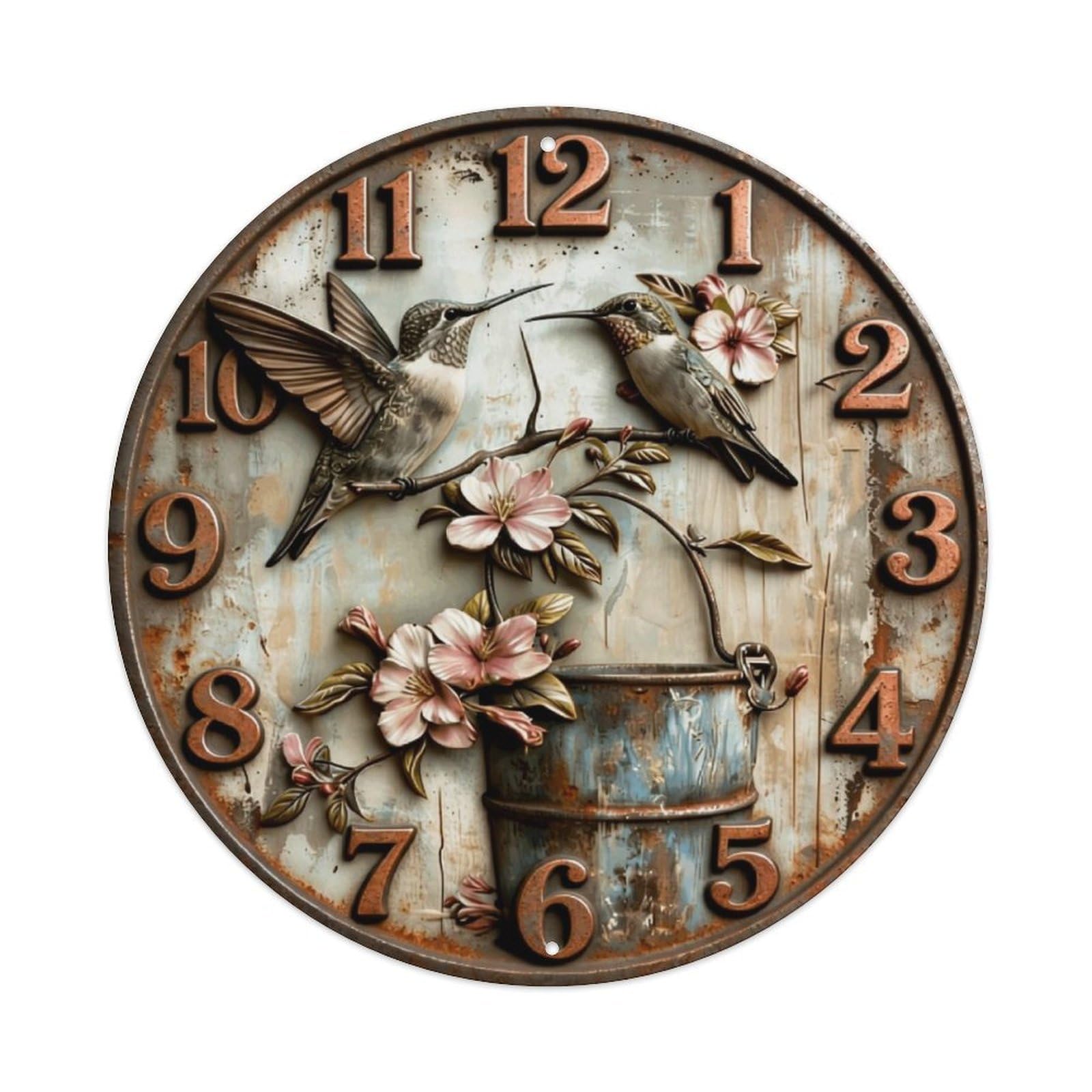 Birds Flowers Bucket Rustic Clock Metal Tin Sign Plaque
