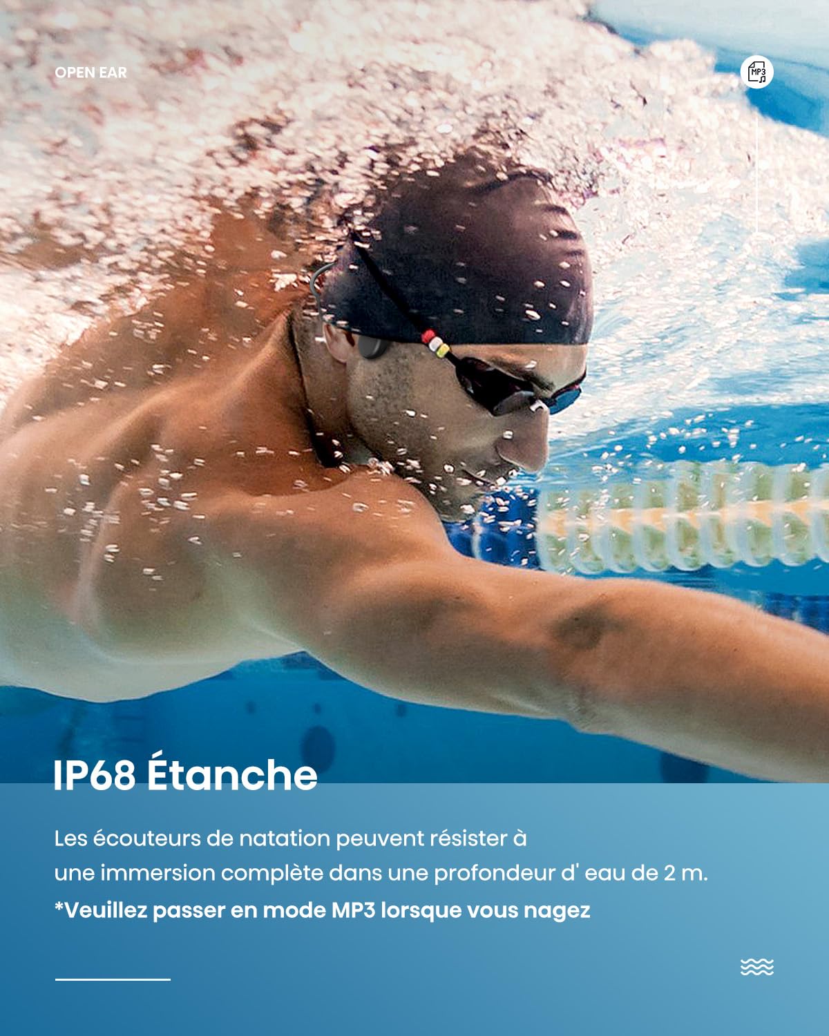 Guudsoud Casque Conduction Osseuse Bluetooth 5.4, Ecouteur Waterproof Natation, Mémoire MP3 32G Intégrée, Lecteur MP3 Étanche IP68, Écouteur Natation sans Fil, Ecouteur Piscine pour Nager
