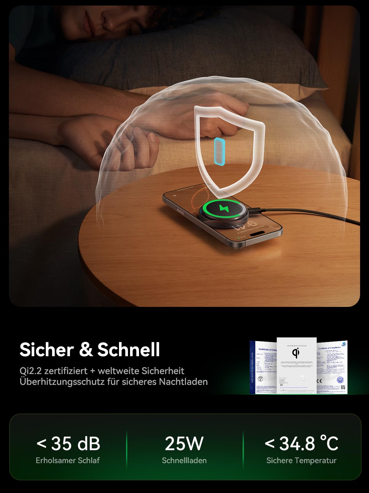 THREEKEY Magnetisches Wireless Ladegerät 25W, Qi2.2-kompatible Induktive Ladestation mit Kühlventilator und LED-Licht, Magnetischer Schnellladepad mit 2m Kabel für iPhone 17/16/15/14/13/12