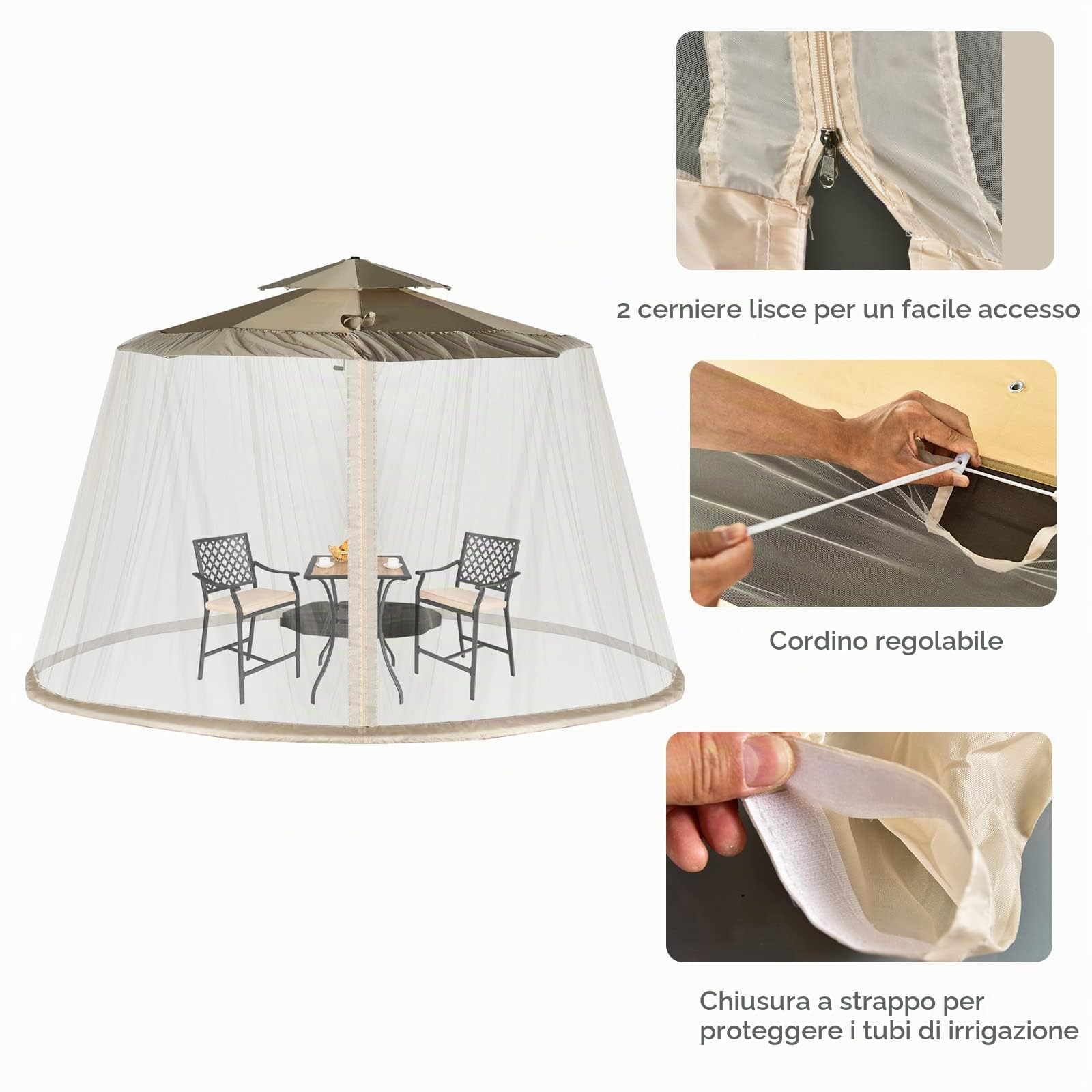 LIFEZEAL Zanzariera Ombrellone da Giardino, Zanzariera Gazebo da Patio, Regolabile, Schermo Rete per Esterno Anti Zanzara, Mosche, AntiVento, 2 Aperture a Cerniera, Stabile Base,12,5x2,3m, Beige