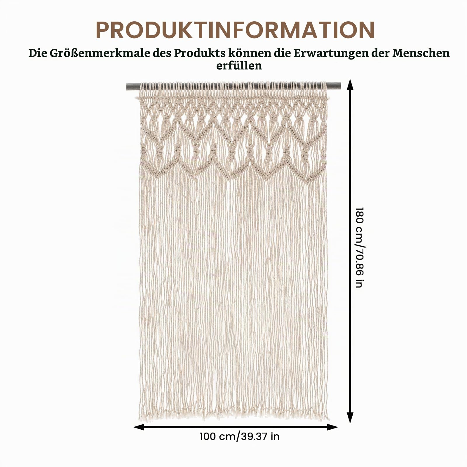 BORDEAG Makramee Vorhang 180x100cm, Boho Türvorhang und Fenstervorhang, Handgewebter Makramee Raumteiler im Bohème-Stil, Vorhang für Türen, Fenster, Wohnzimmer, Schlafzimmer oder Hochzeitsdekoration