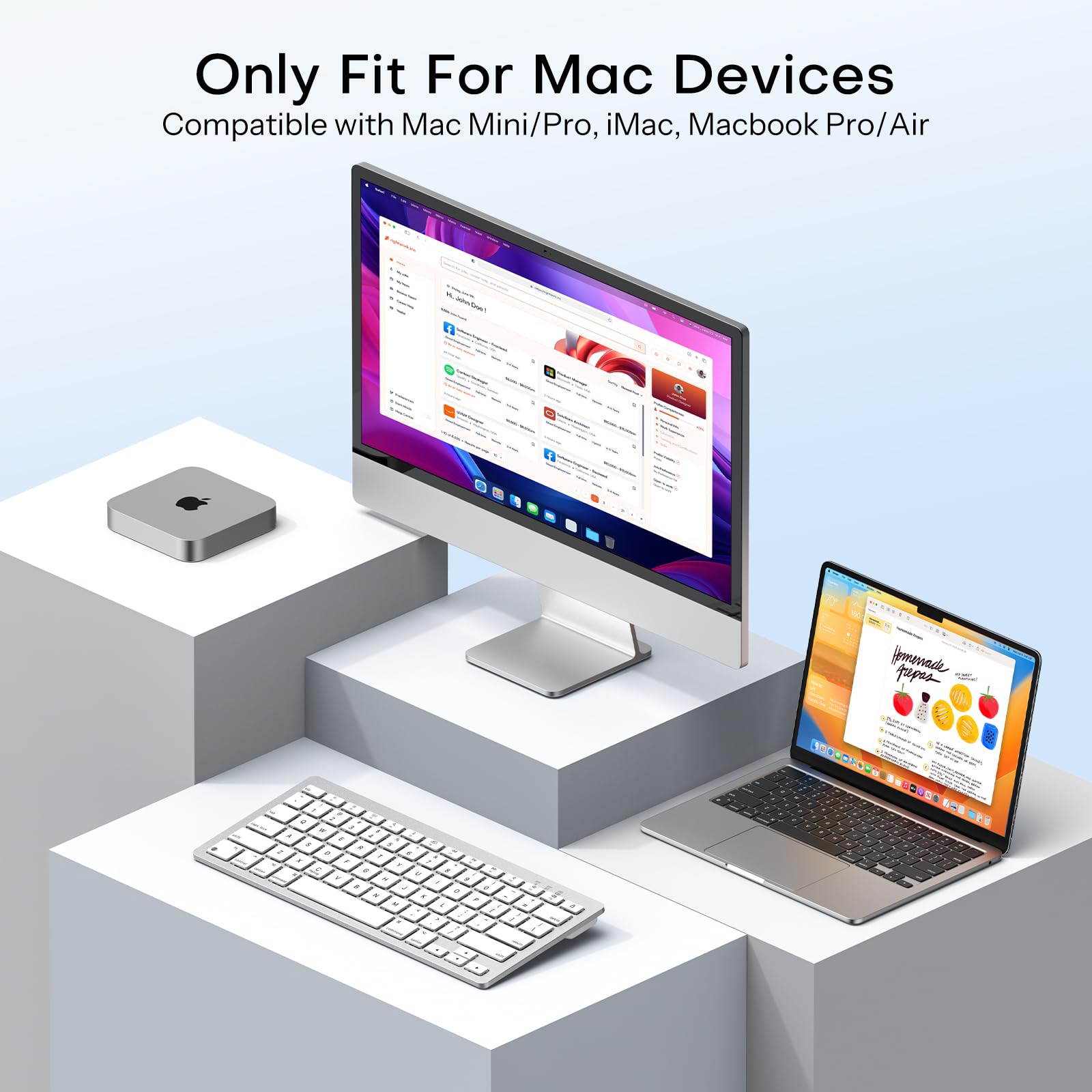 OMOTON Rechargeable Keyboard for Mac, mini Compact Wireless (No Numeric Pad), Stable Bluetooth Connection, Ergonomic Design, Keyboard Compatible with MacBook/iMac/Mac mini - Silverwhite — view 4