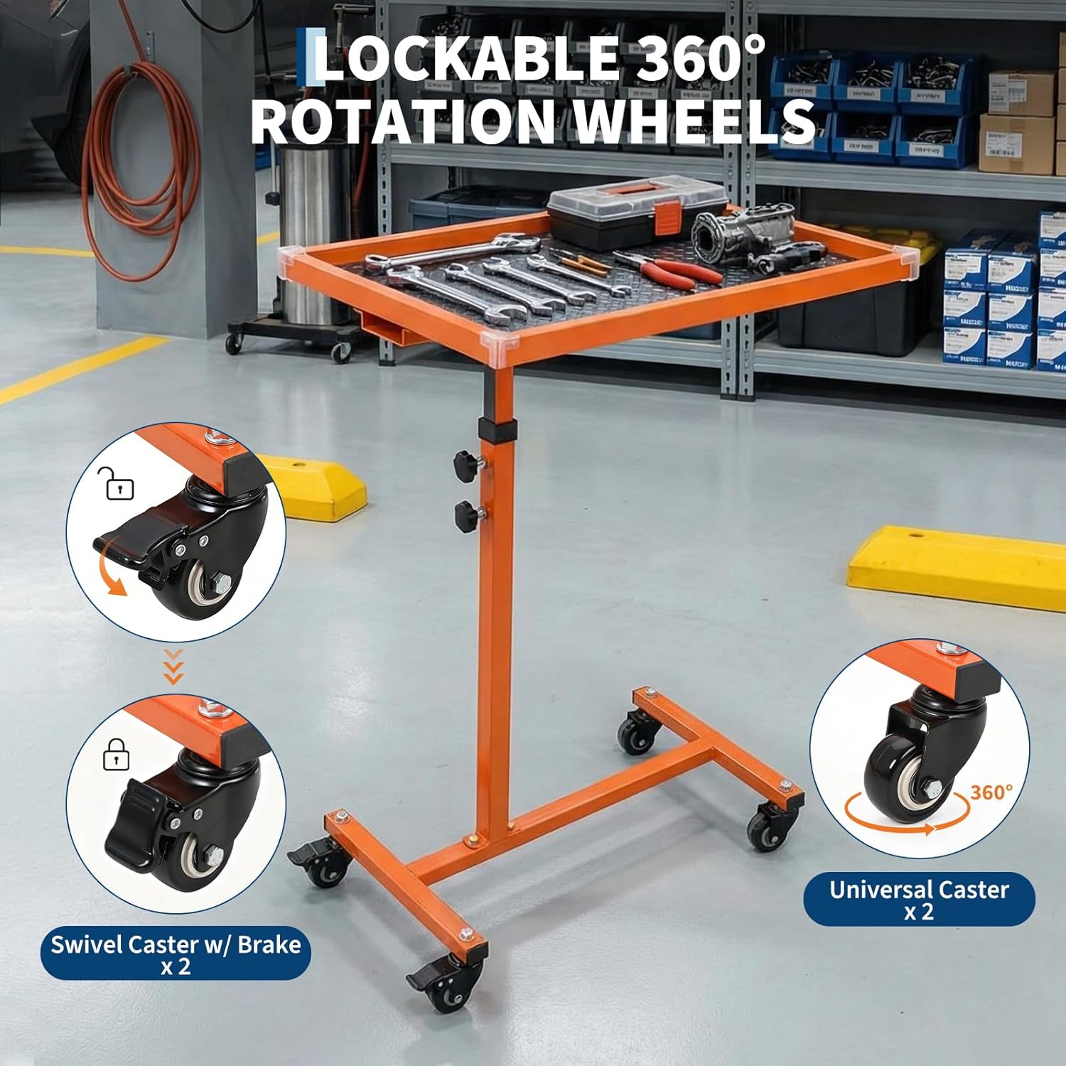 Mobile Work Table with Wheels, 220LBS Height Adjustable Rolling Mechanic Tool Tray, Heavy Duty Steel Work Table for Garage, Home, Automotive Repair & DIY Projects