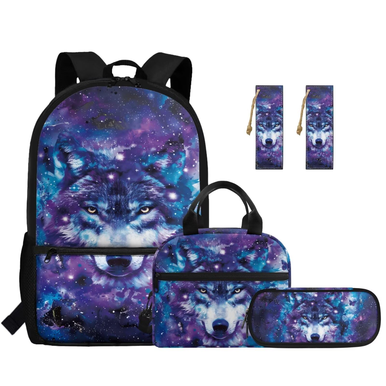Kinder-Rucksack-Set, 5-teilig, mit Lunchtasche, Federmäppchen und 2-teiligem Lesezeichen für Grundschulkinder, Galaxy Wolf, Modern