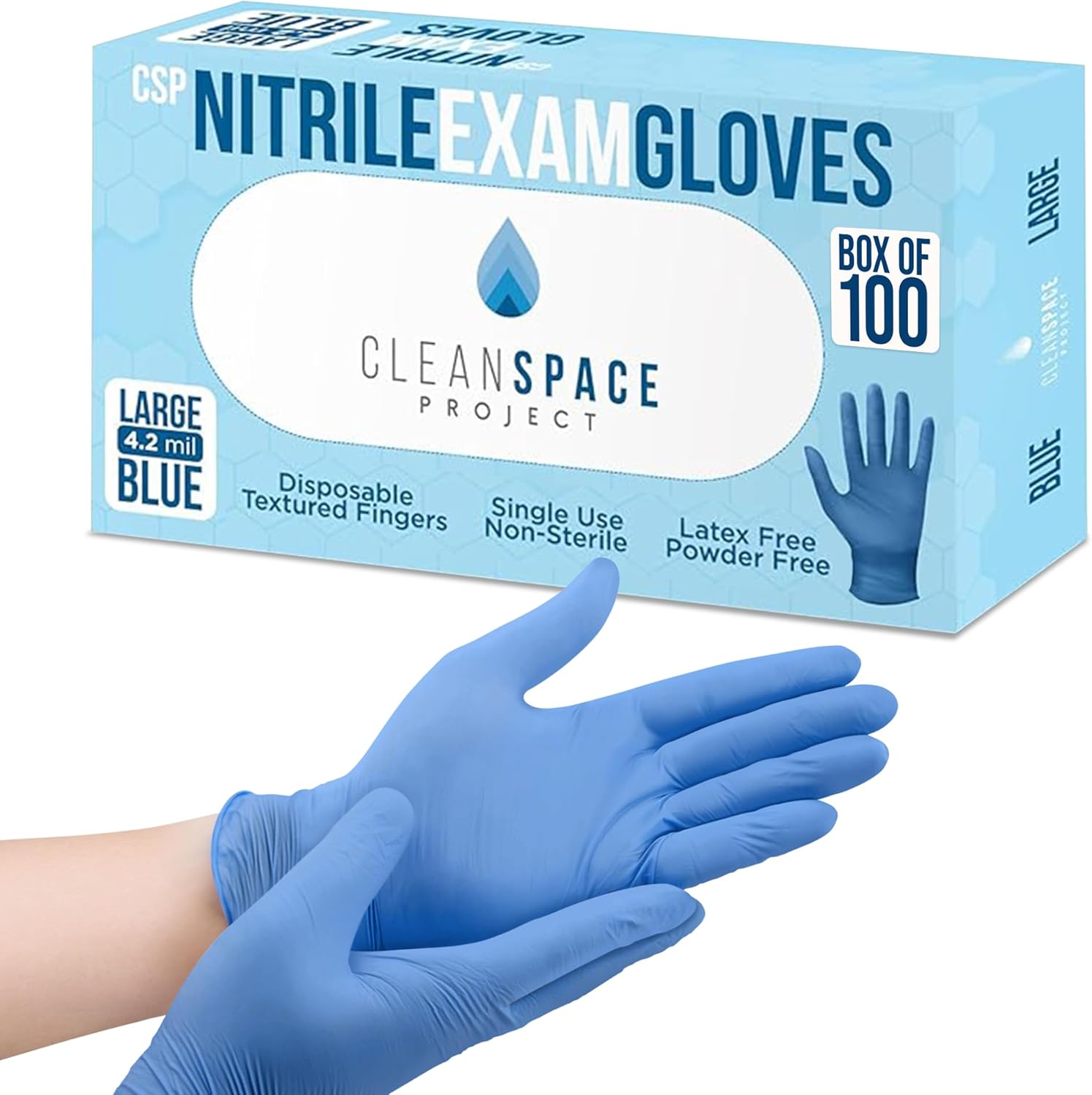 CLEAN SPACE PROJECT Nitrile Exam Gloves - 4.2 mil Blue Disposable, Non-Latex & Powder Free Medical (Box of 100)